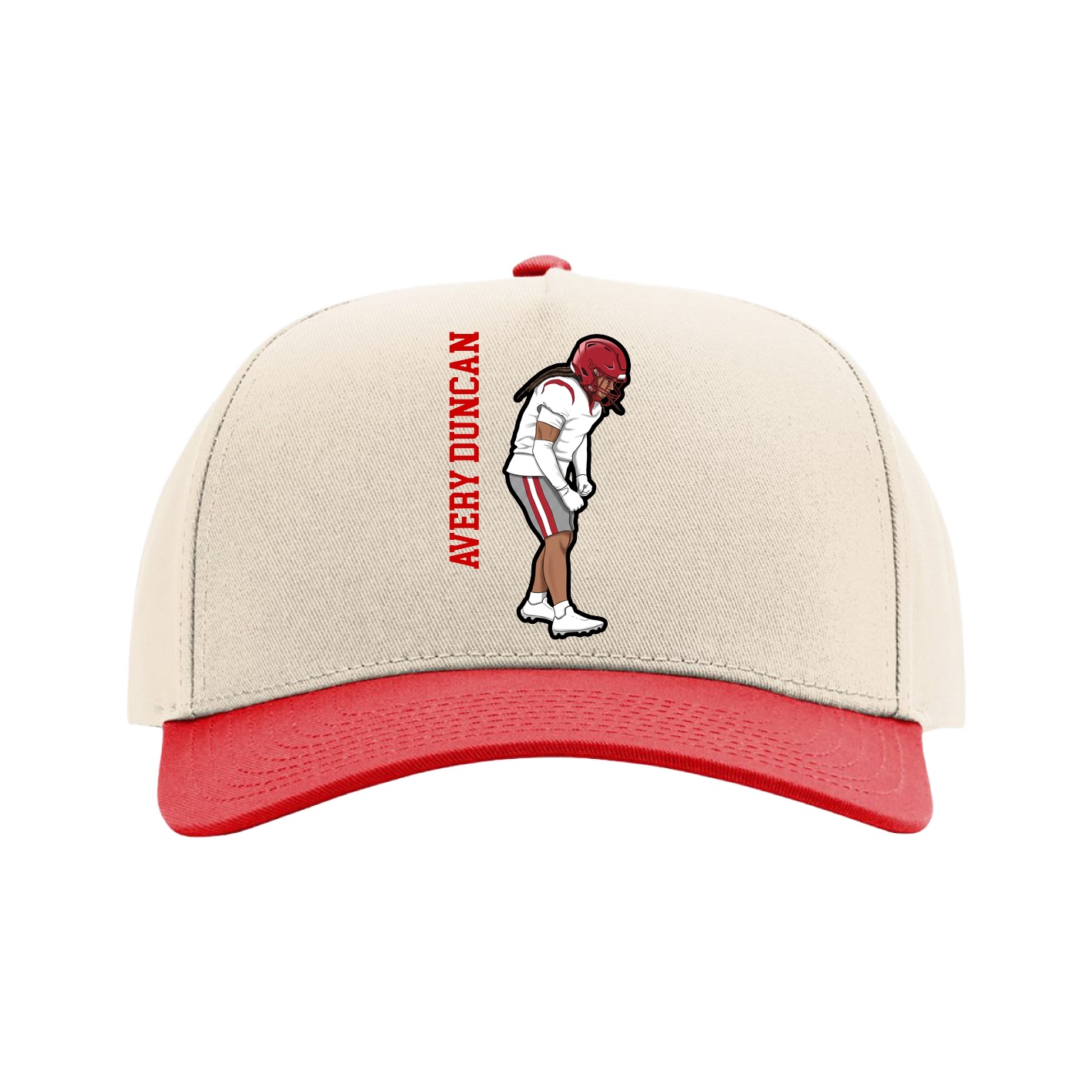 Full Fabric Five-Panel Champ Cap — Name Vertical in Cream/Red