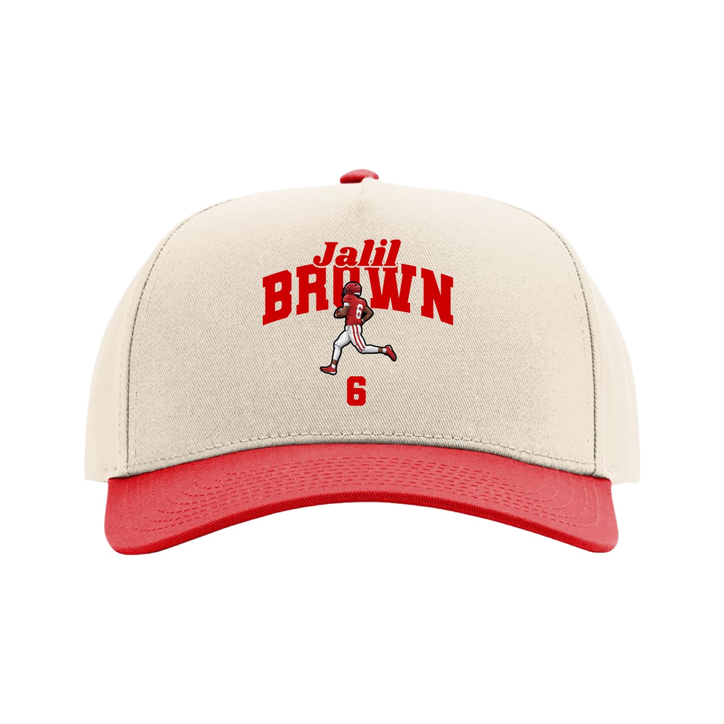 Full Fabric Five-Panel Champ Cap — Signature Arch in Cream/Red