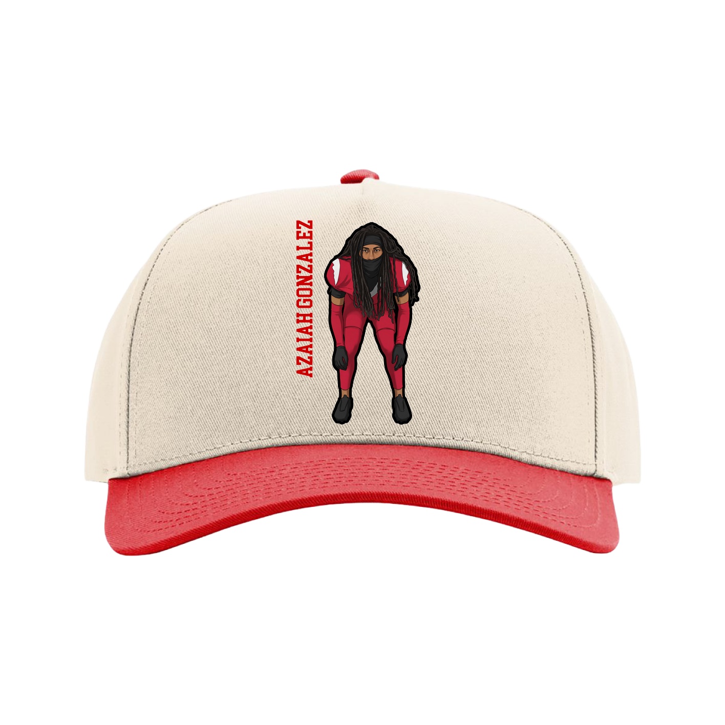 Full Fabric Five-Panel Champ Cap — Name Vertical in Cream/Red