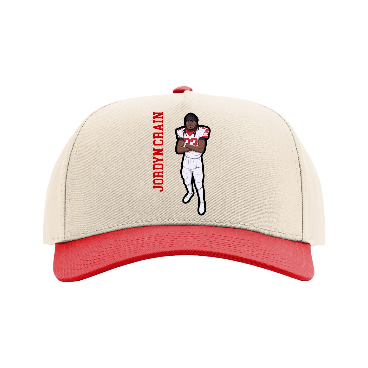 Full Fabric Five-Panel Champ Cap — Name Vertical in Cream/Red
