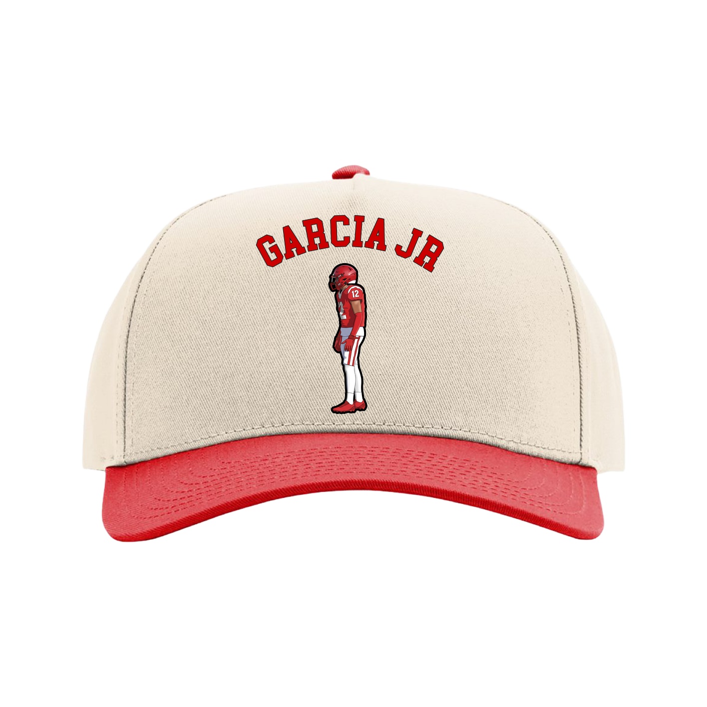 Full Fabric Five-Panel Champ Cap — Shirsey Arch in Cream/Red