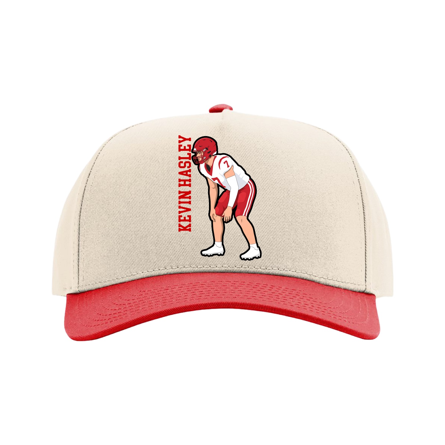 Full Fabric Five-Panel Champ Cap — Name Vertical in Cream/Red