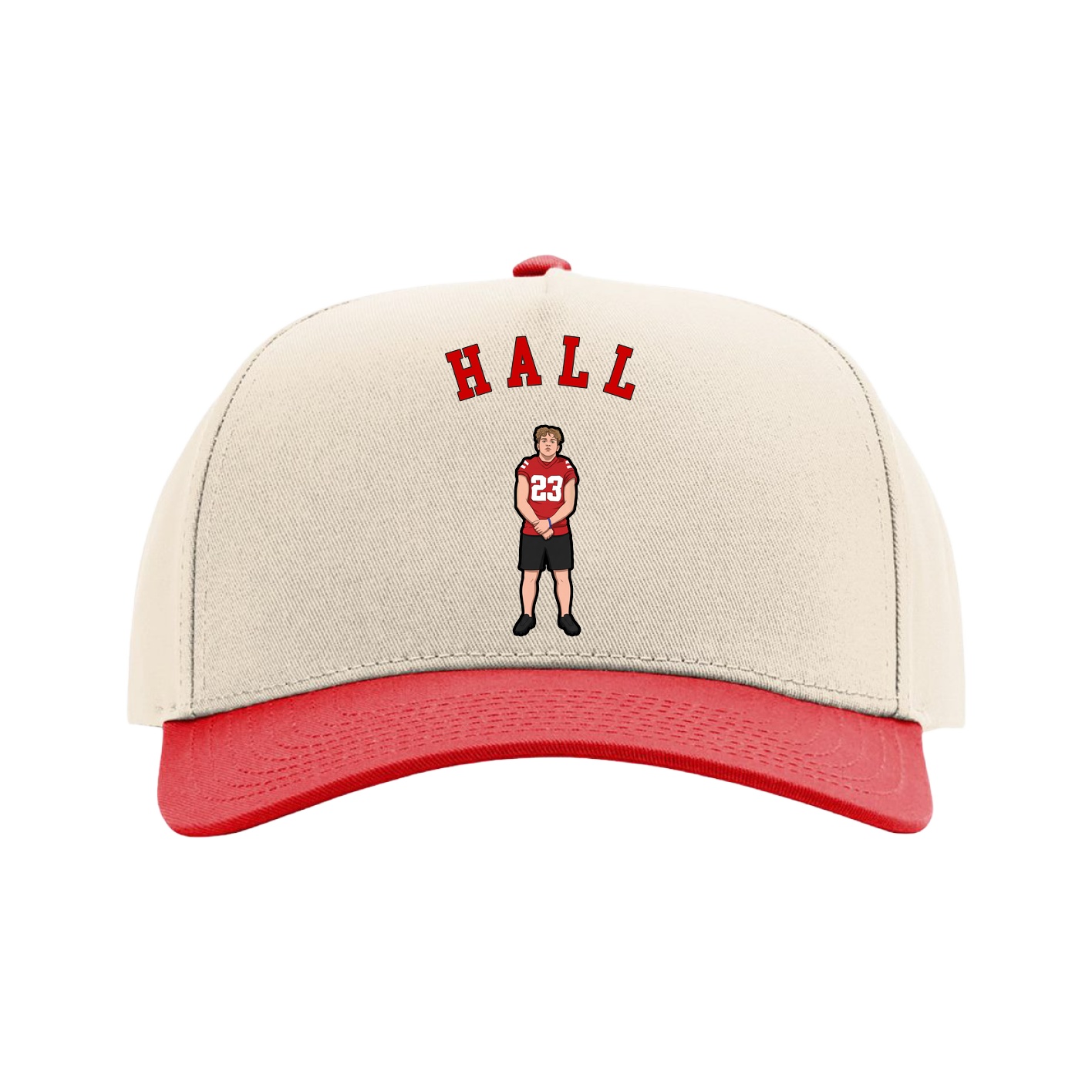 Full Fabric Five-Panel Champ Cap — Shirsey Arch in Cream/Red