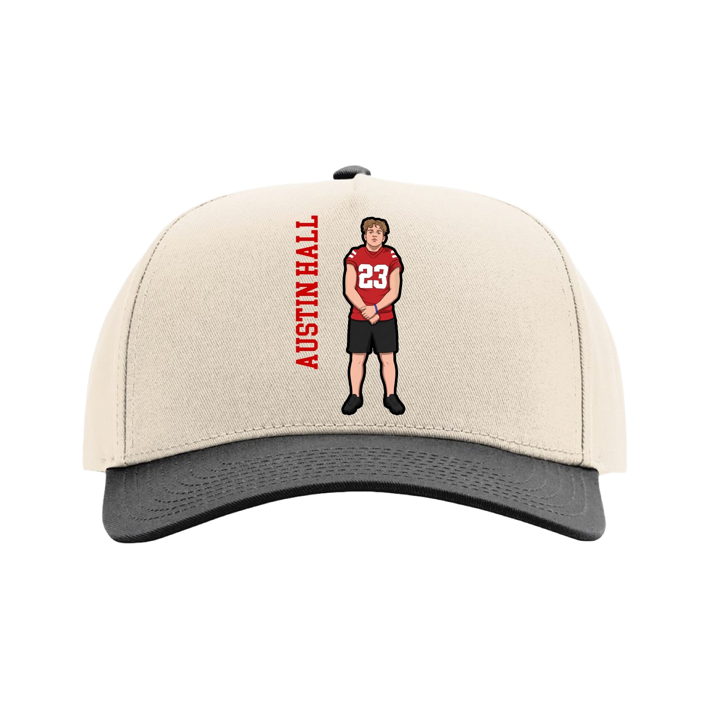Full Fabric Five-Panel Champ Cap — Name Vertical in Cream/Black