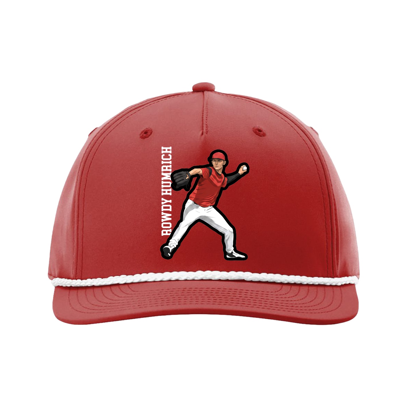 Five-Panel Classic Rope Cap — Name Vertical in Red