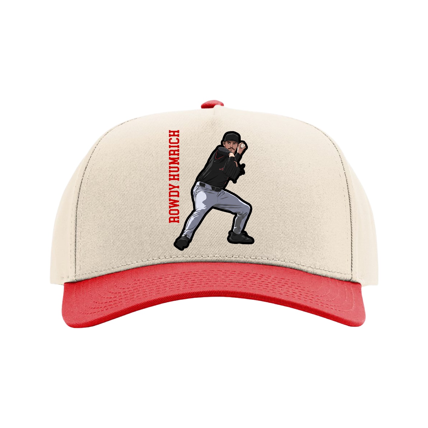 Full Fabric Five-Panel Champ Cap — Name Vertical in Cream/Red