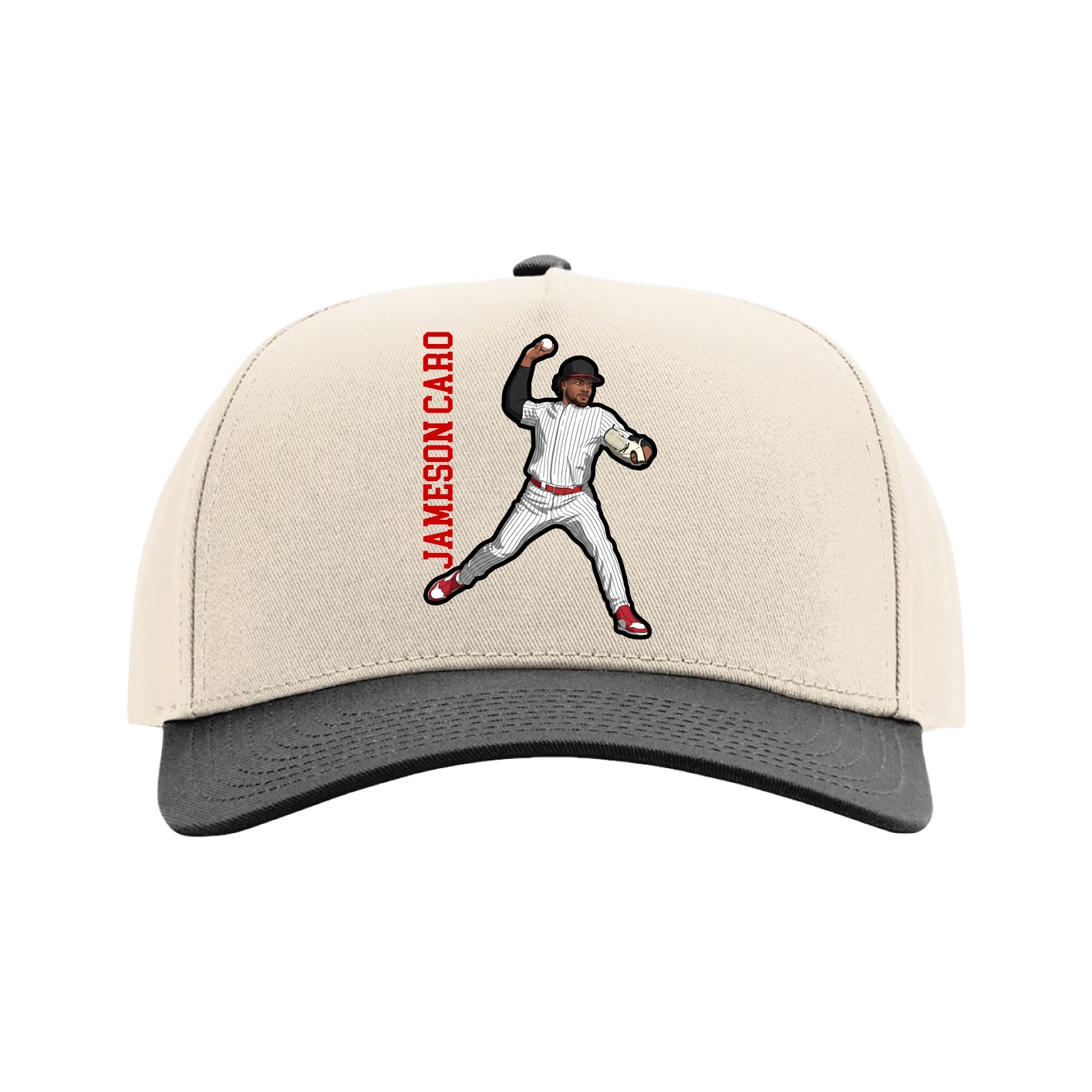 Full Fabric Five-Panel Champ Cap — Name Vertical in Cream/Black