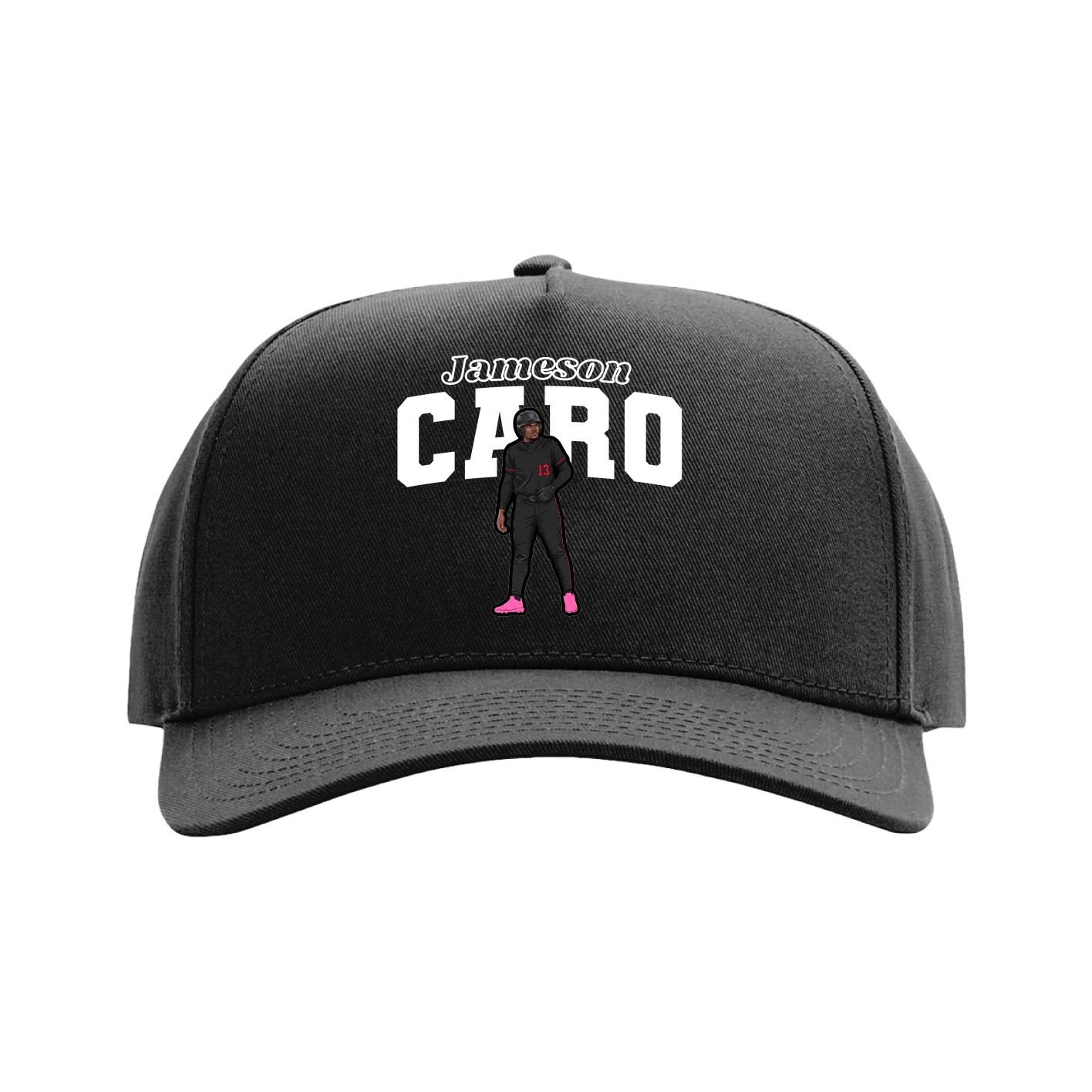 Full Fabric Five-Panel Champ Cap — Name Arch in Black