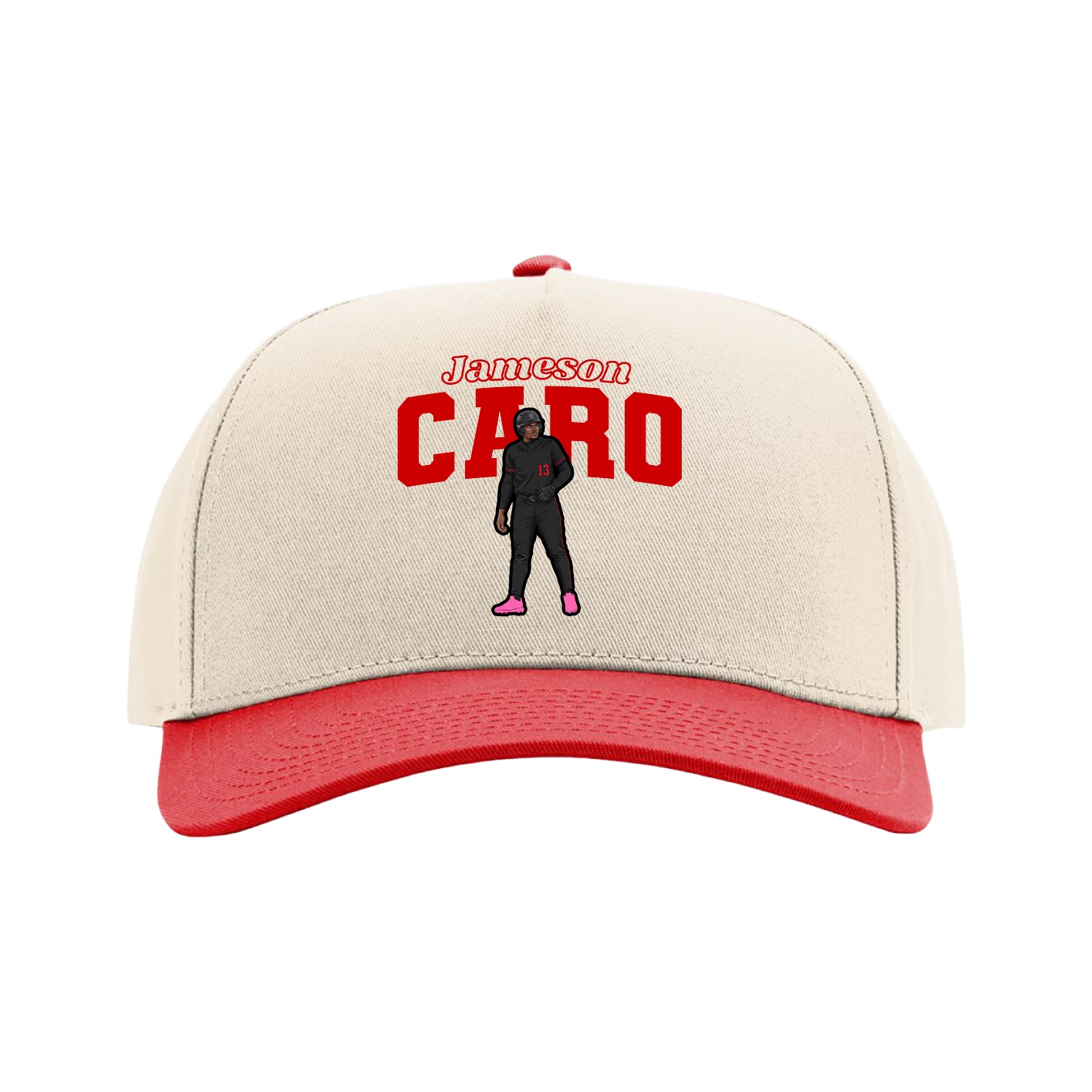 Full Fabric Five-Panel Champ Cap — Name Arch in Cream/Red