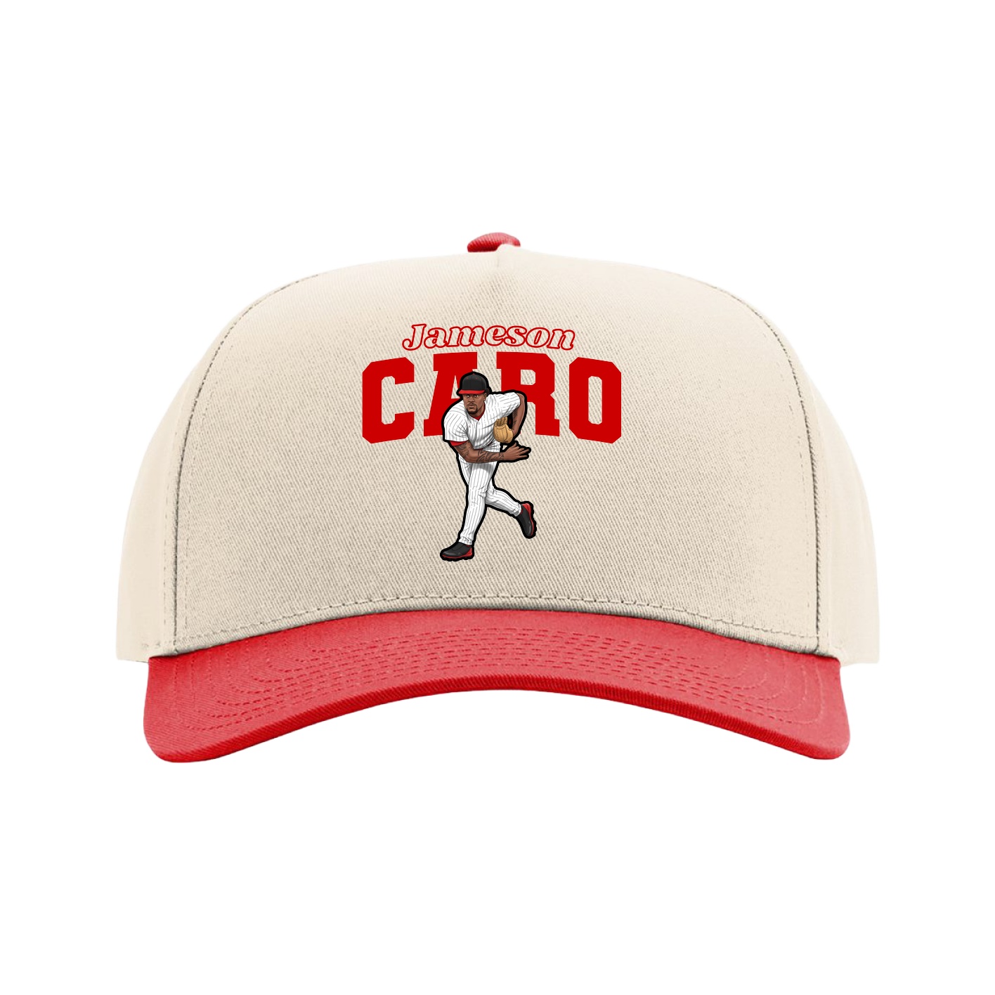 Full Fabric Five-Panel Champ Cap — Name Arch in Cream/Red