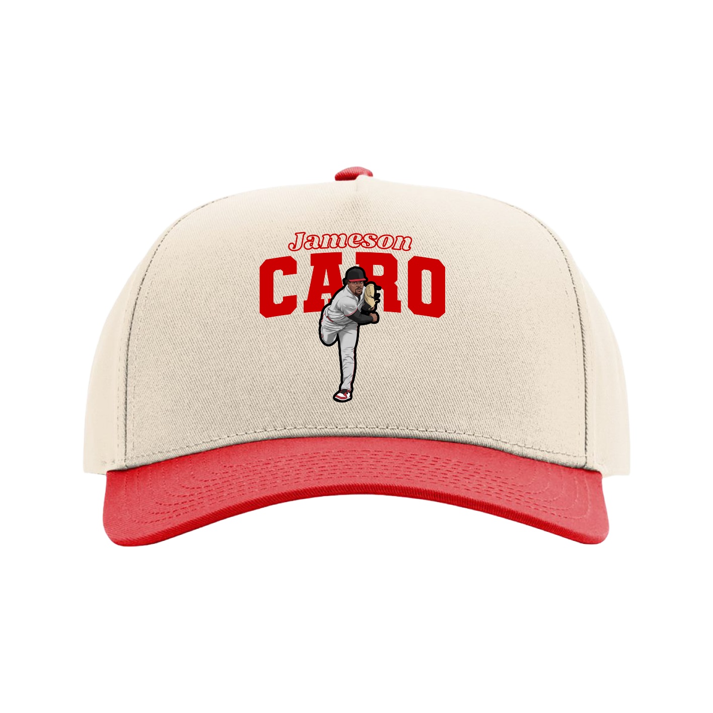 Full Fabric Five-Panel Champ Cap — Name Arch in Cream/Red