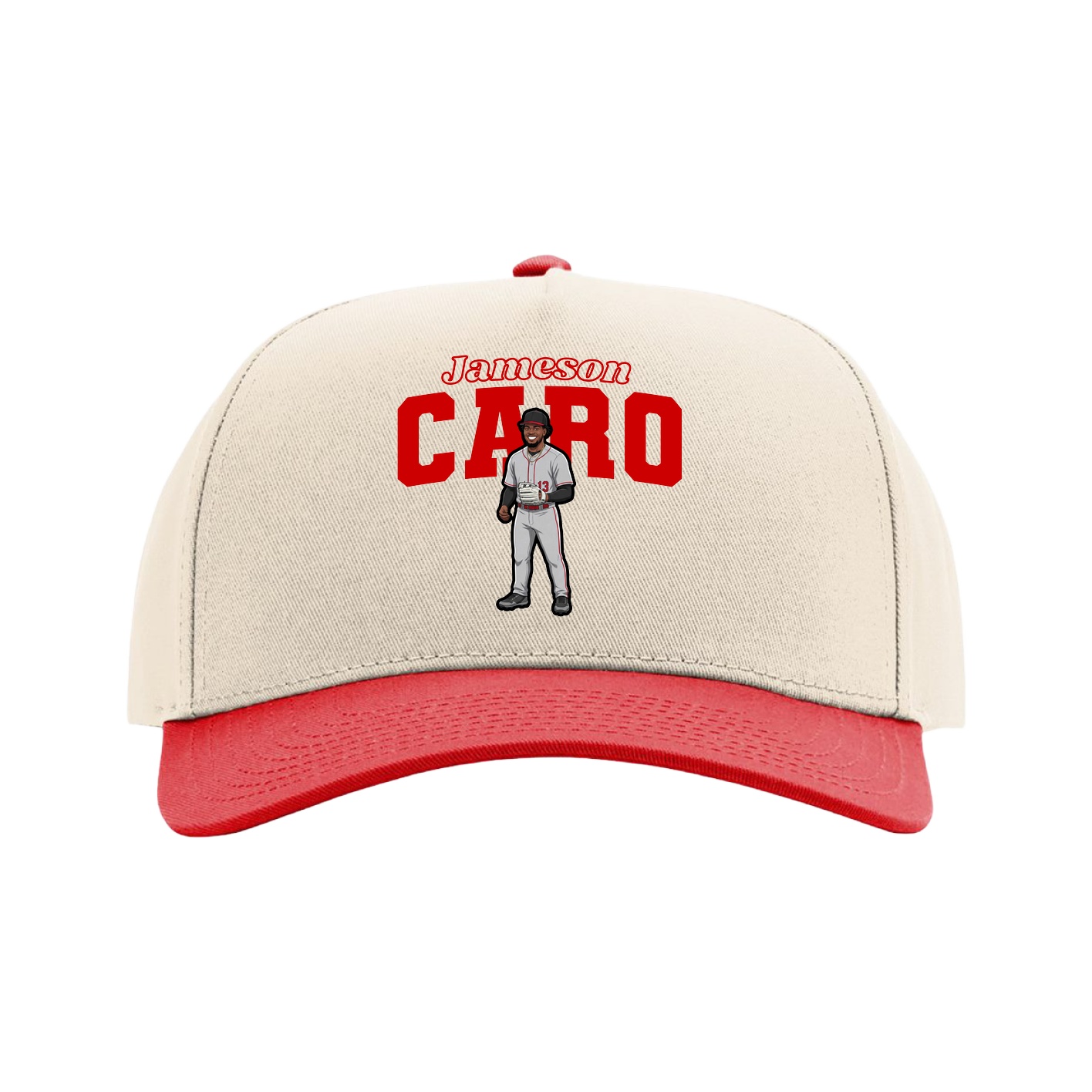 Full Fabric Five-Panel Champ Cap — Name Arch in Cream/Red