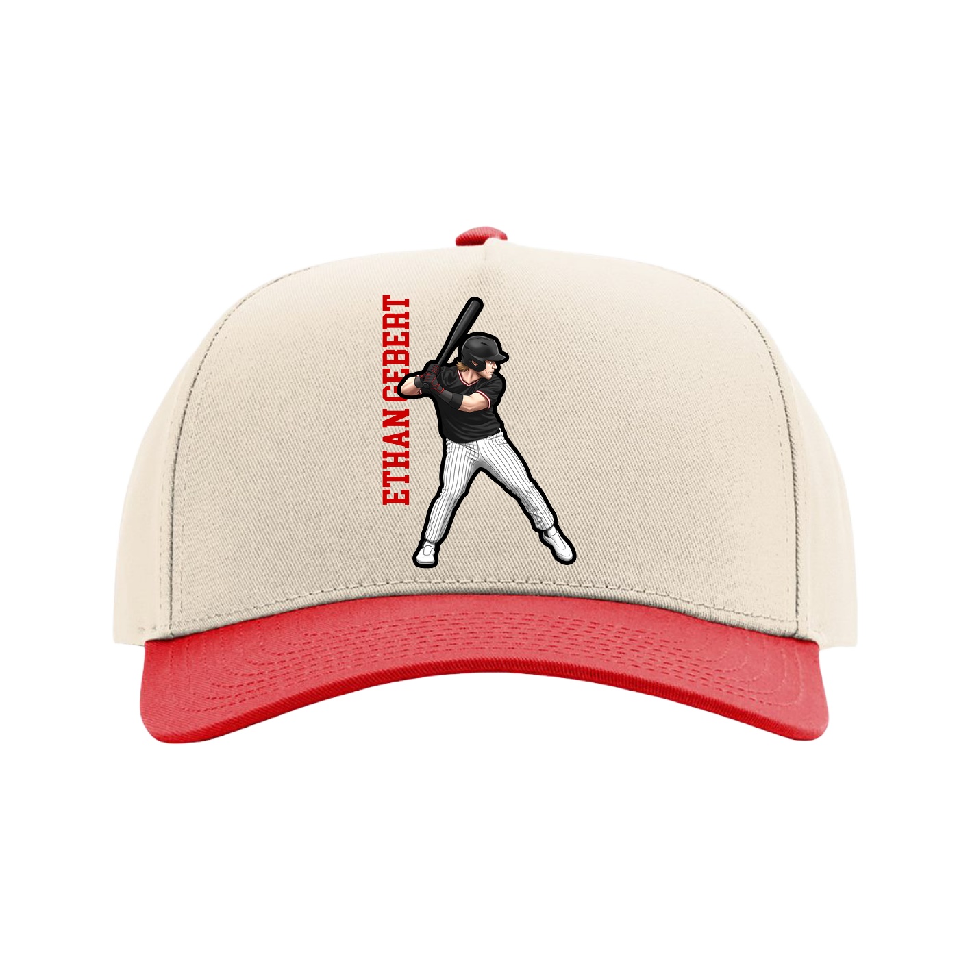 Full Fabric Five-Panel Champ Cap — Name Vertical in Cream/Red