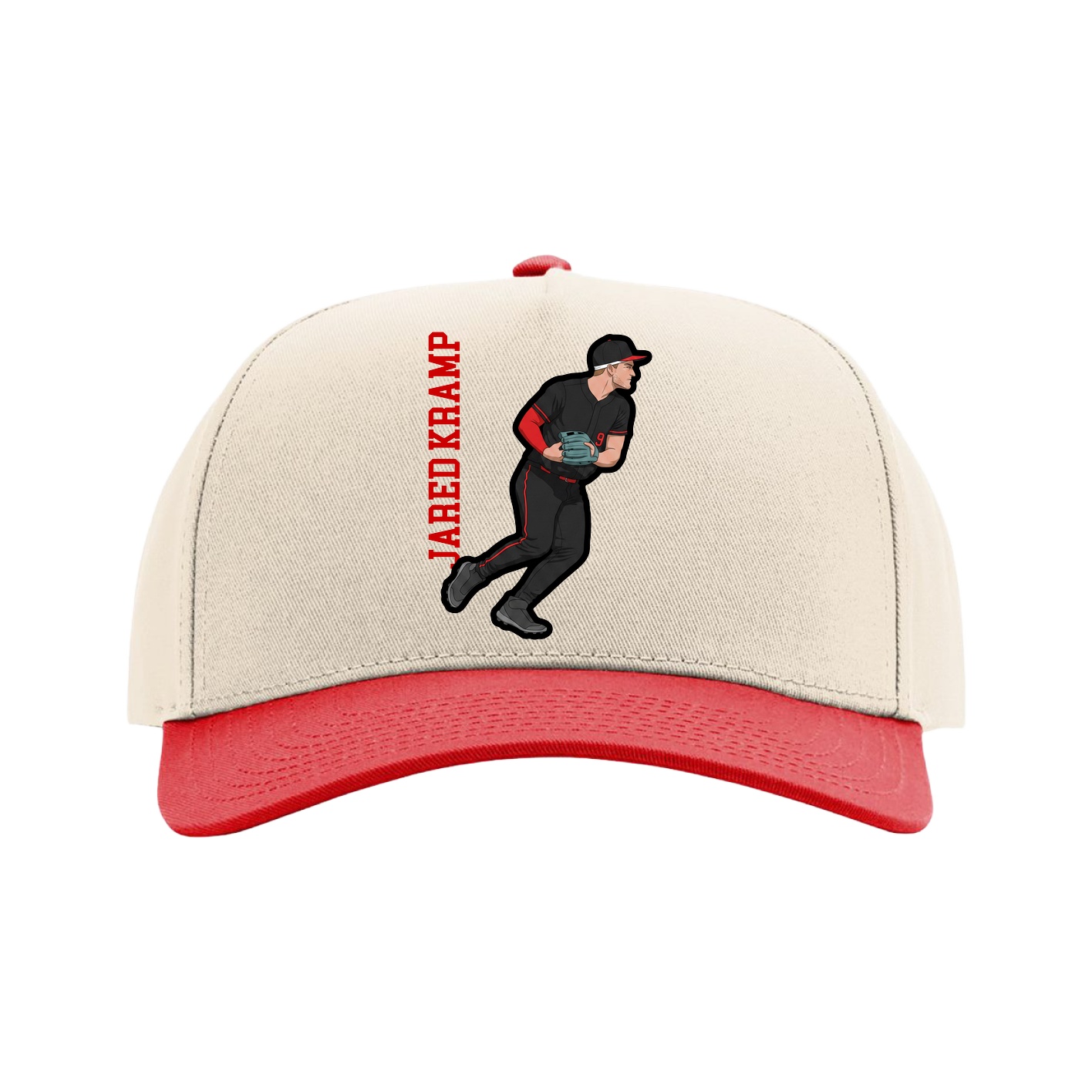 Full Fabric Five-Panel Champ Cap — Name Vertical in Cream/Red