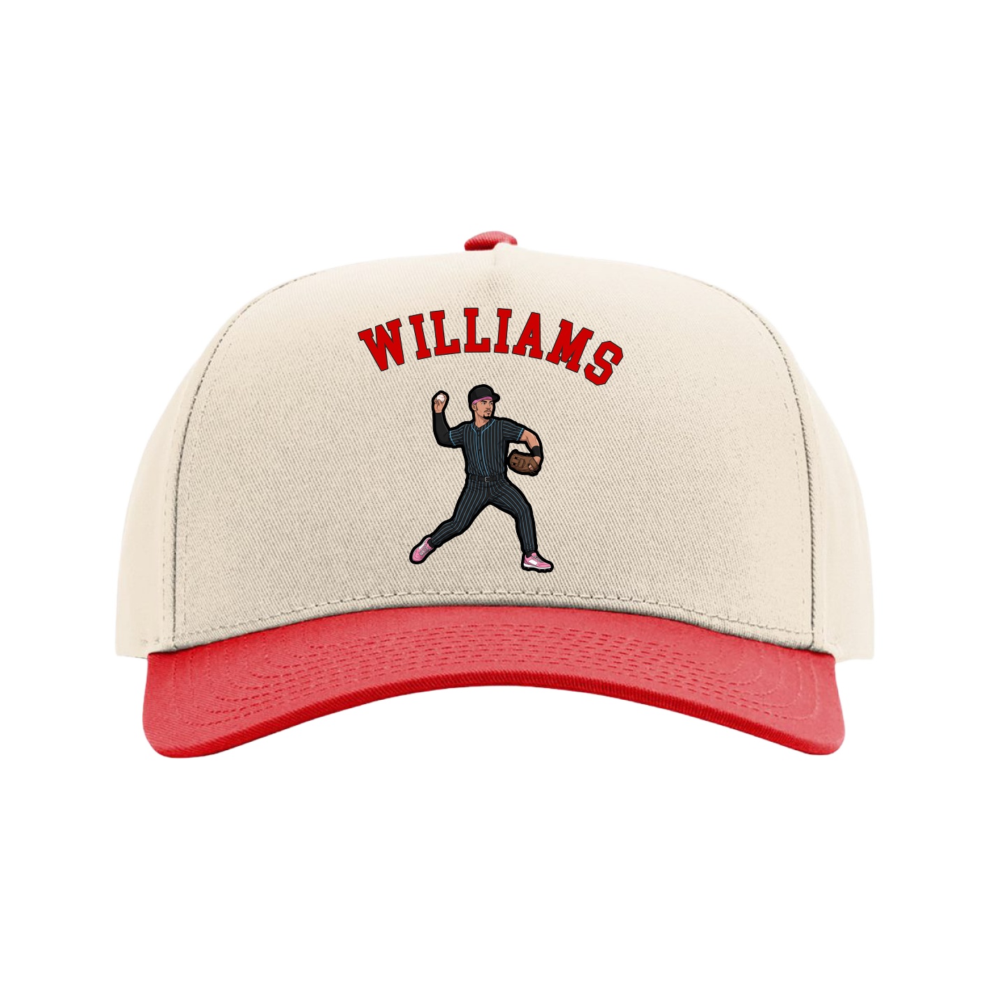 Full Fabric Five-Panel Champ Cap — Shirsey Arch in Cream/Red