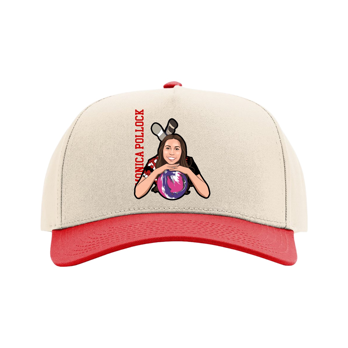 Full Fabric Five-Panel Champ Cap — Name Vertical in Cream/Red