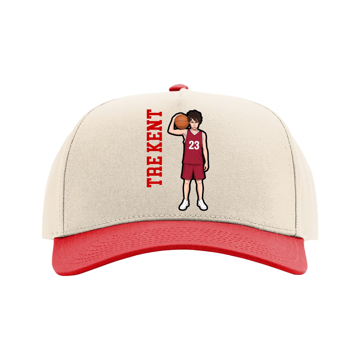 Full Fabric Five-Panel Champ Cap — Name Vertical in Cream/Red