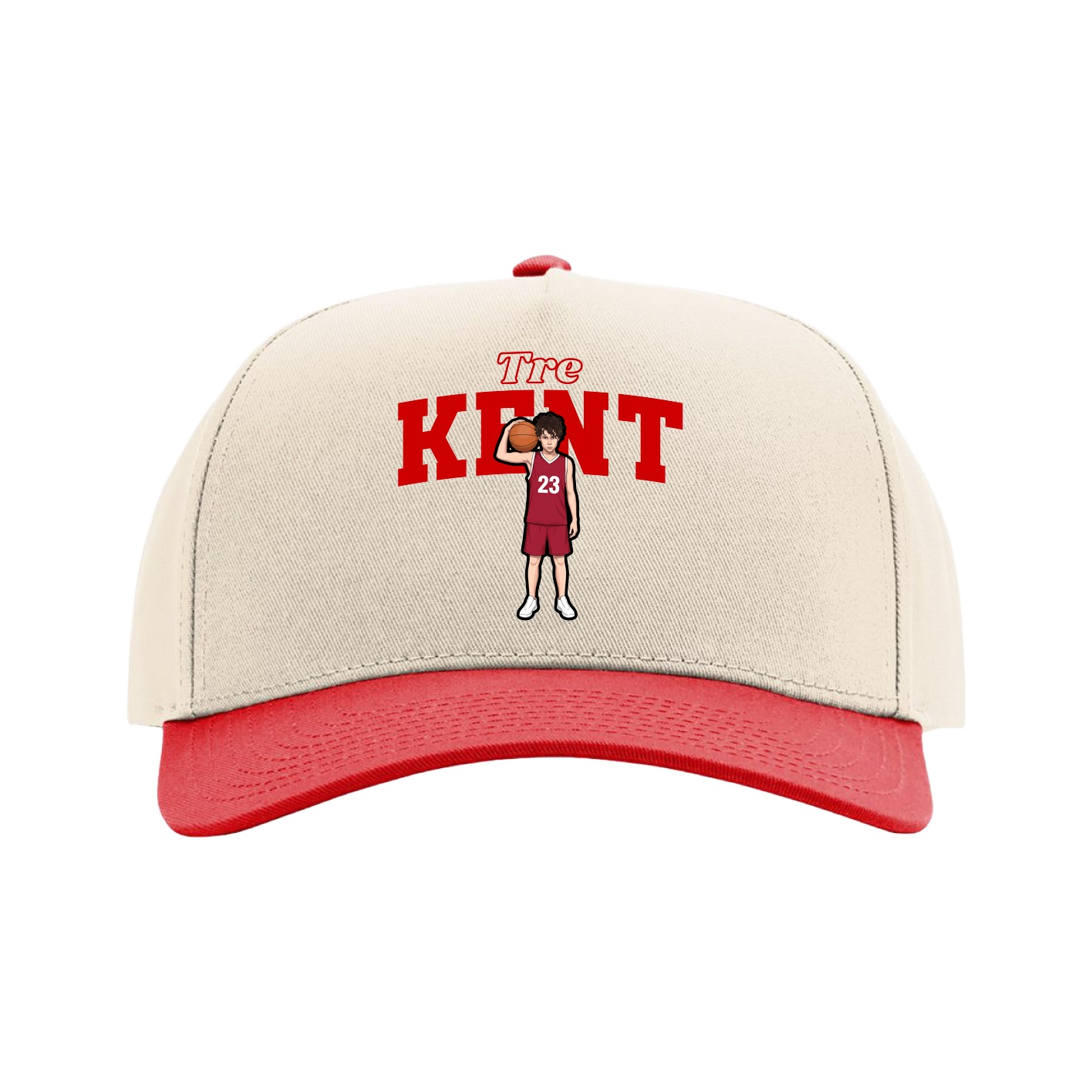 Full Fabric Five-Panel Champ Cap — Name Arch in Cream/Red