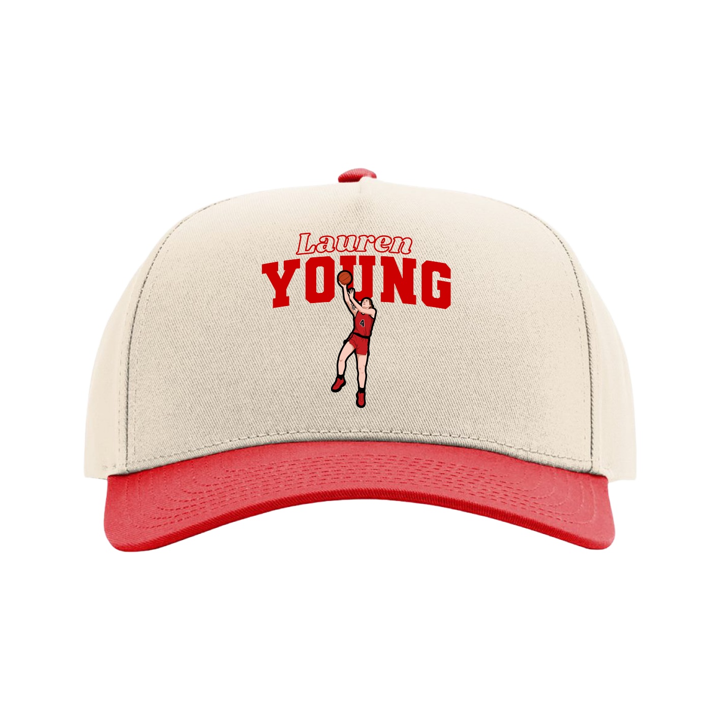 Full Fabric Five-Panel Champ Cap — Name Arch in Cream/Red