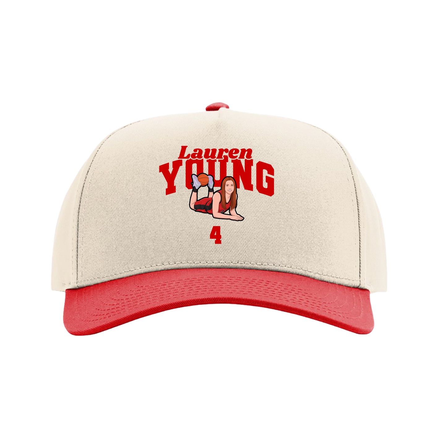 Full Fabric Five-Panel Champ Cap — Signature Arch in Cream/Red