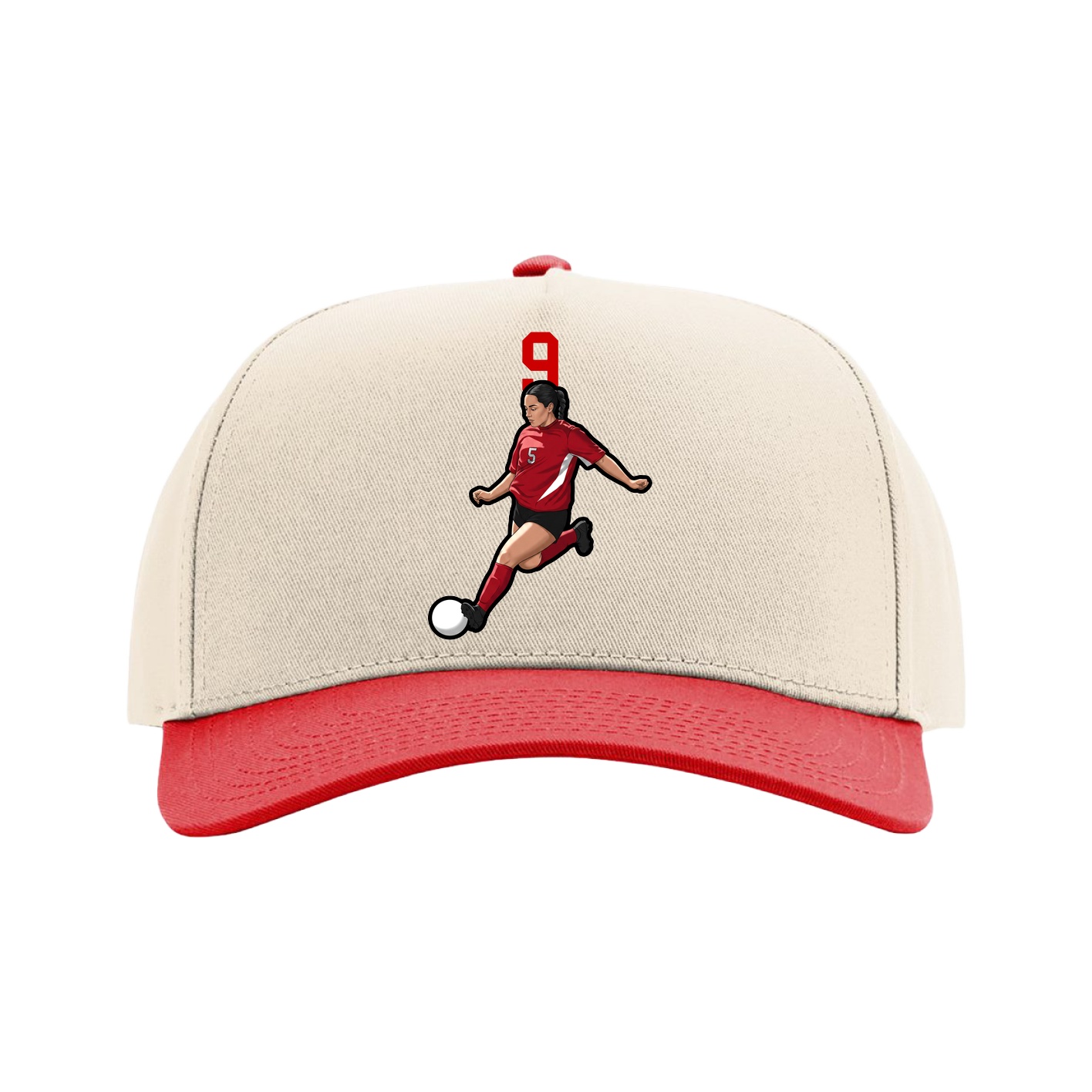 Full Fabric Five-Panel Champ Cap — Number Top in Cream/Red