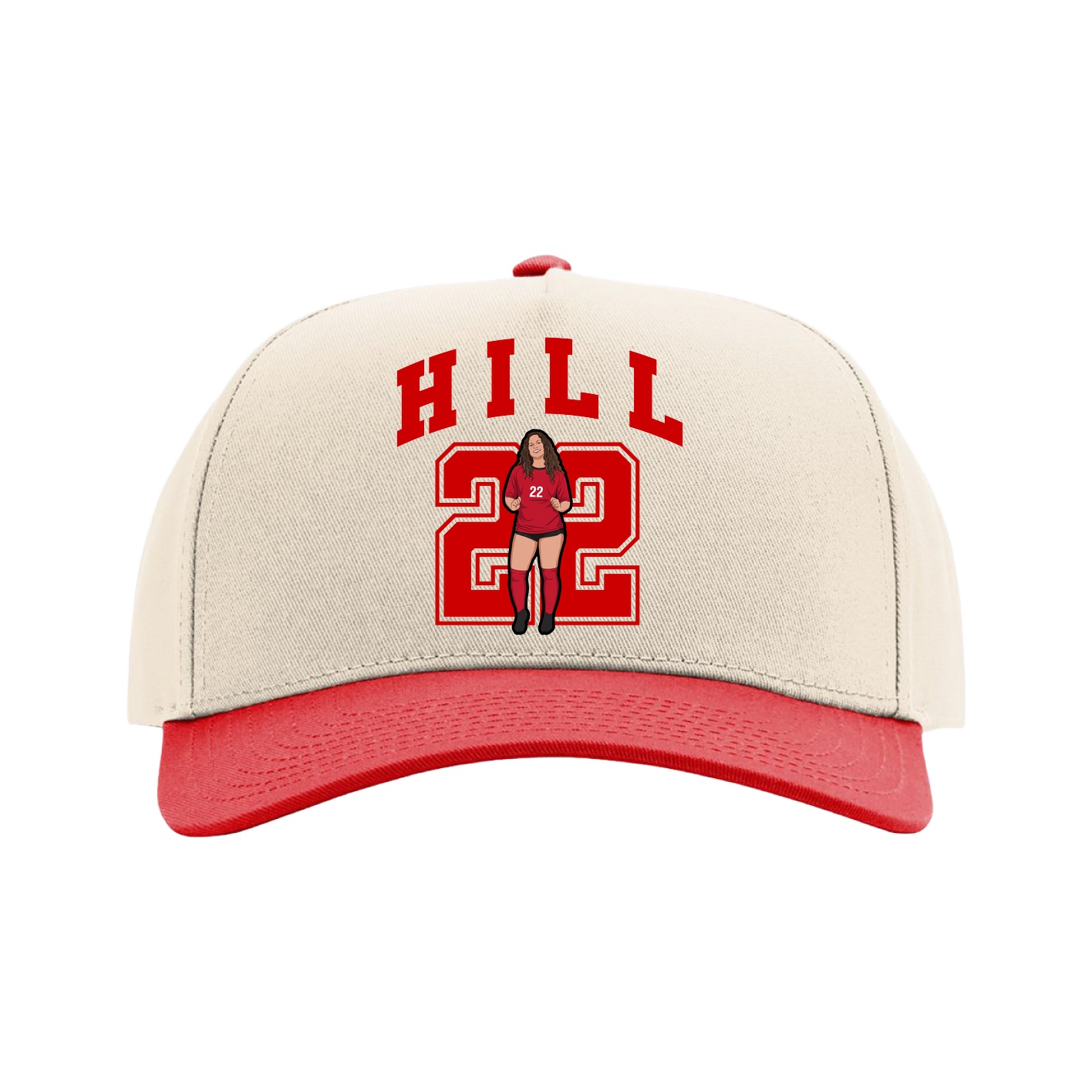 Full Fabric Five-Panel Champ Cap — Number in Cream/Red