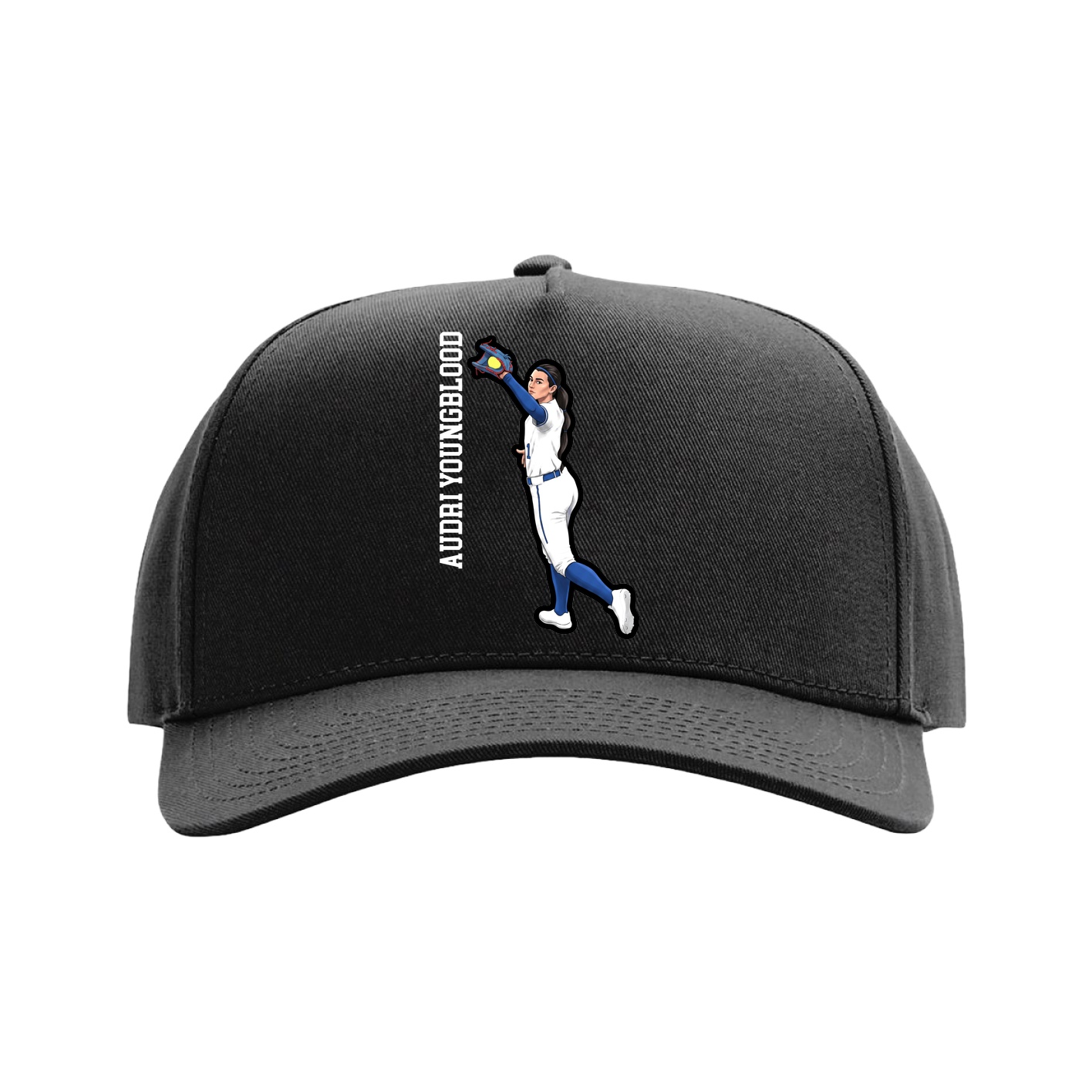 Full Fabric Five-Panel Champ Cap — Name Vertical in Black