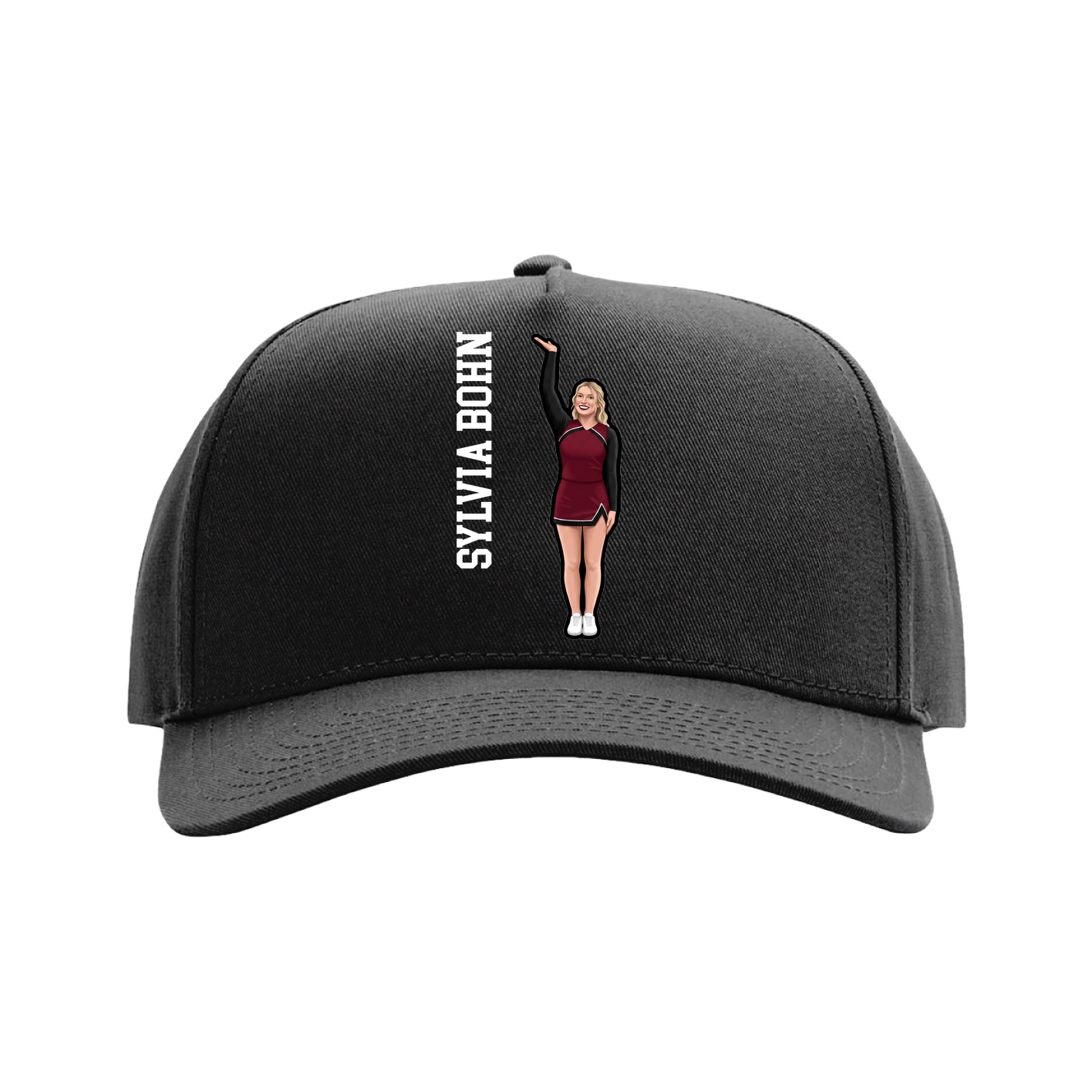 Full Fabric Five-Panel Champ Cap — Name Vertical in Black