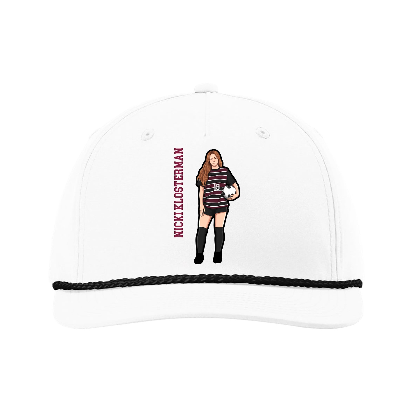 Five-Panel Classic Rope Cap — Name Vertical in White