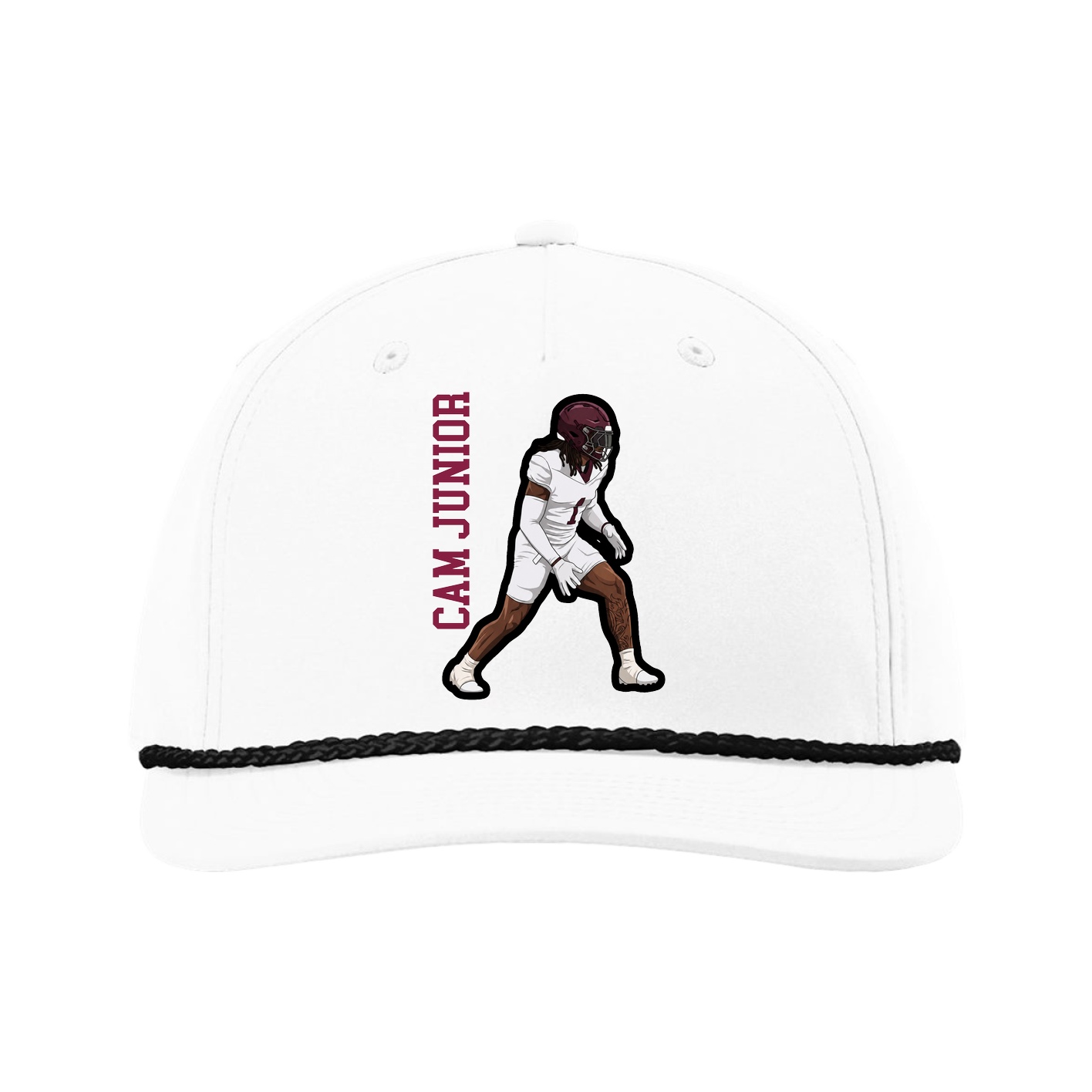 Five-Panel Classic Rope Cap — Name Vertical in White