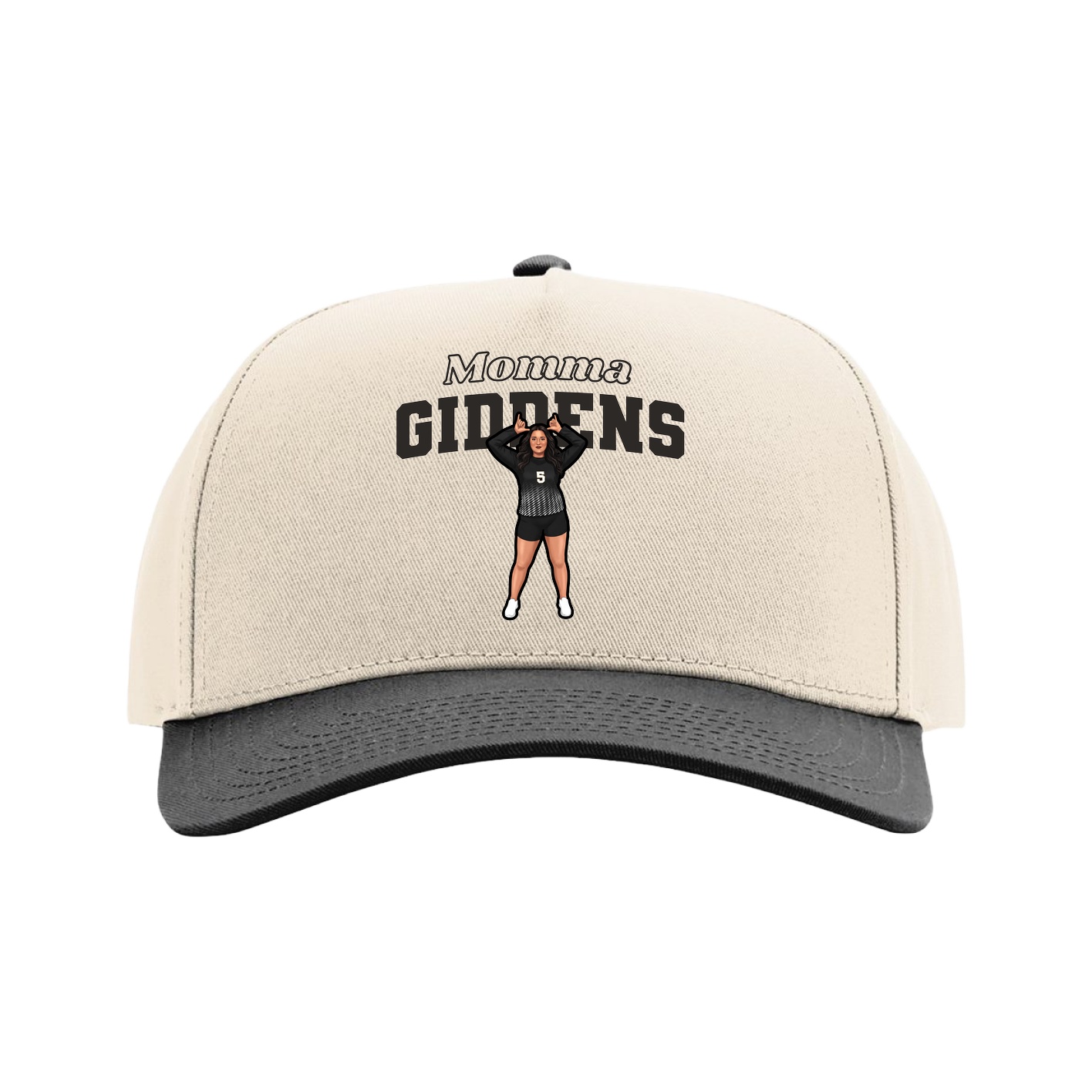 Full Fabric Five-Panel Champ Cap — Mothers Day Block in Cream/Black