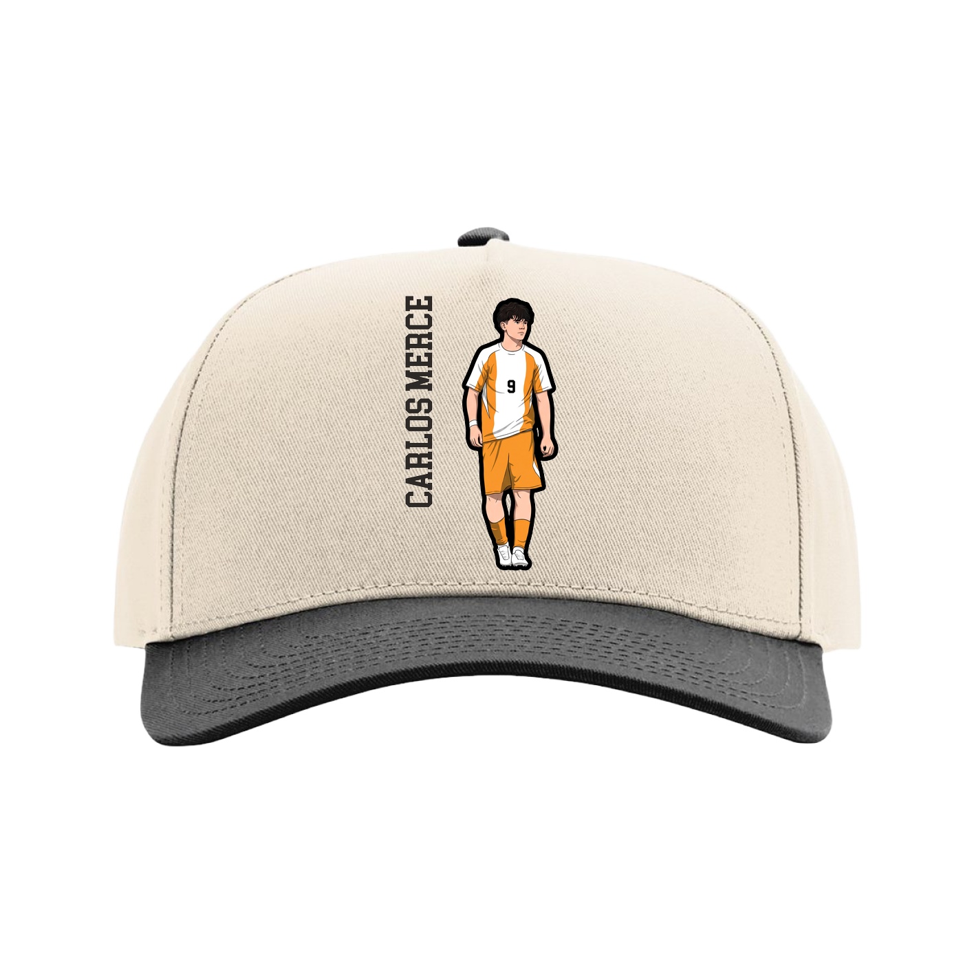 Full Fabric Five-Panel Champ Cap — Name Vertical in Cream/Black