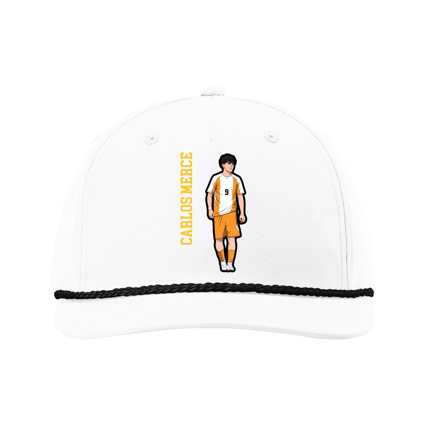 Five-Panel Classic Rope Cap — Name Vertical in White
