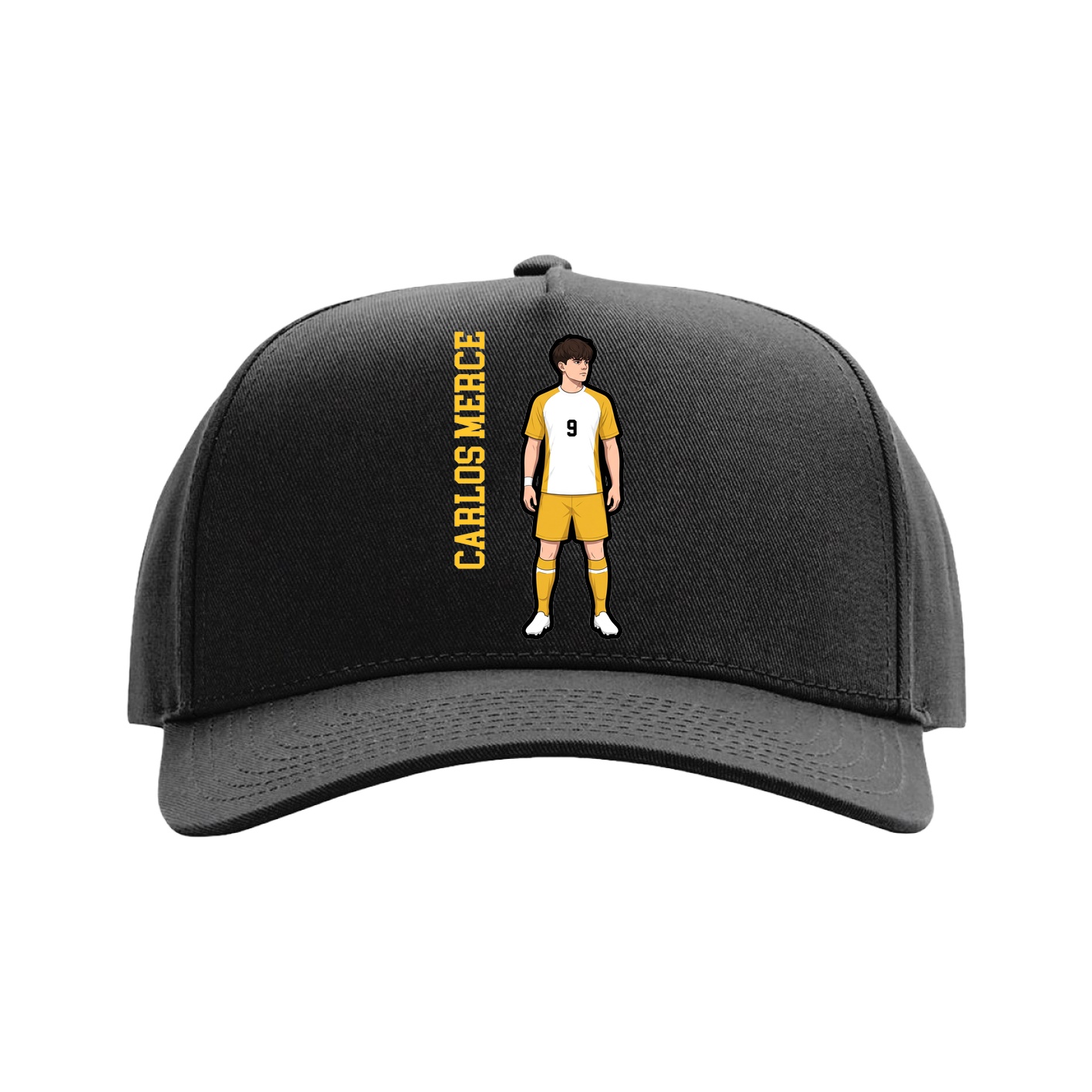 Full Fabric Five-Panel Champ Cap — Name Vertical in Black