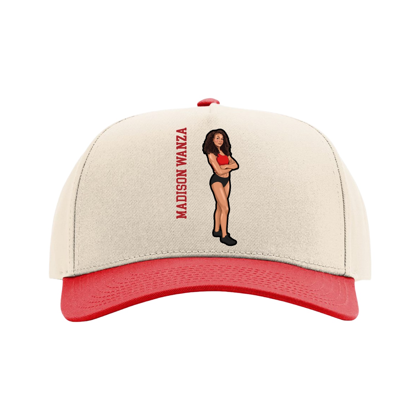 Full Fabric Five-Panel Champ Cap — Name Vertical in Cream/Red