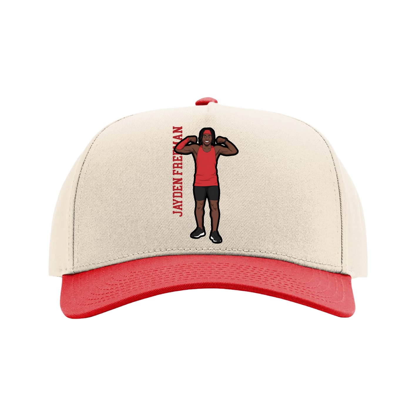 Full Fabric Five-Panel Champ Cap — Name Vertical in Cream/Red