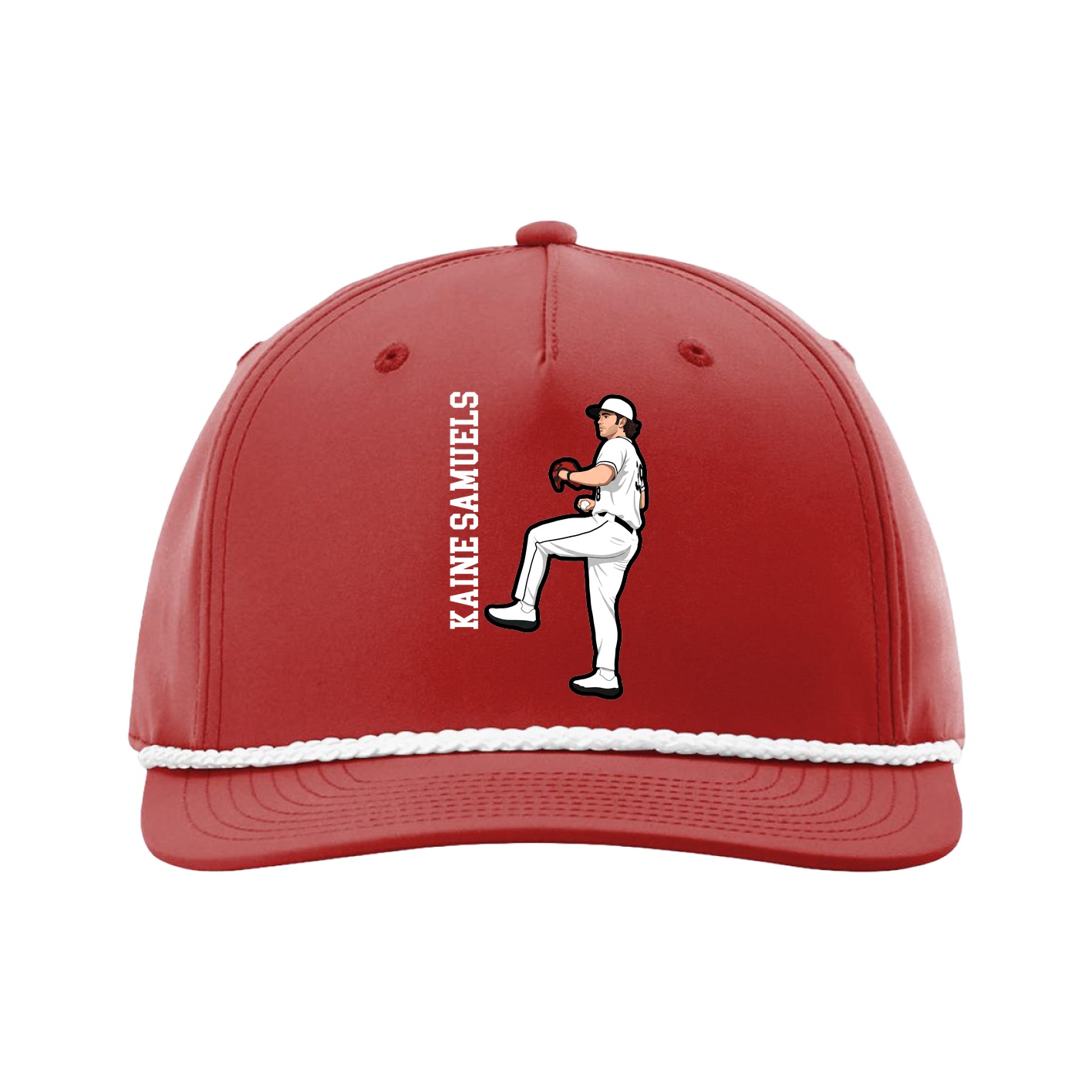 Five-Panel Classic Rope Cap — Name Vertical in Red