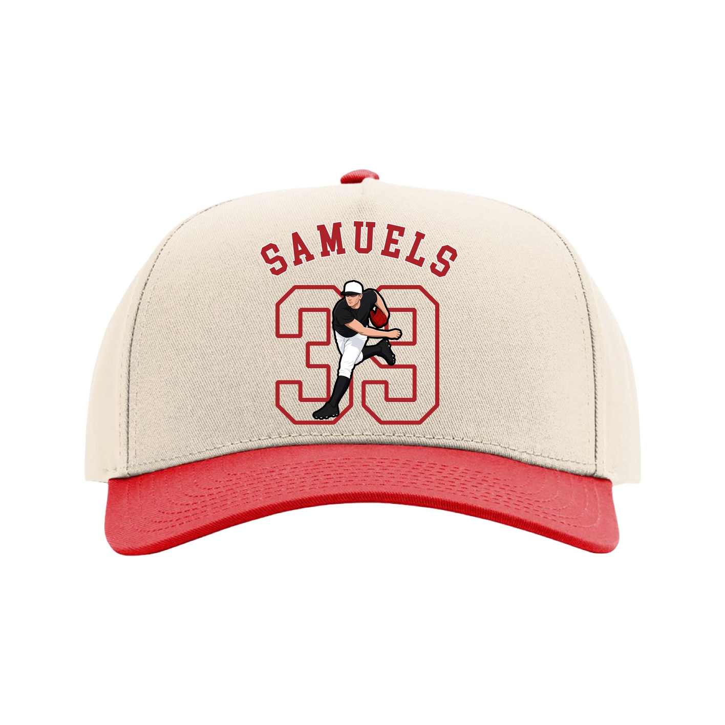Full Fabric Five-Panel Champ Cap — Shirsey Arch in Cream/Red