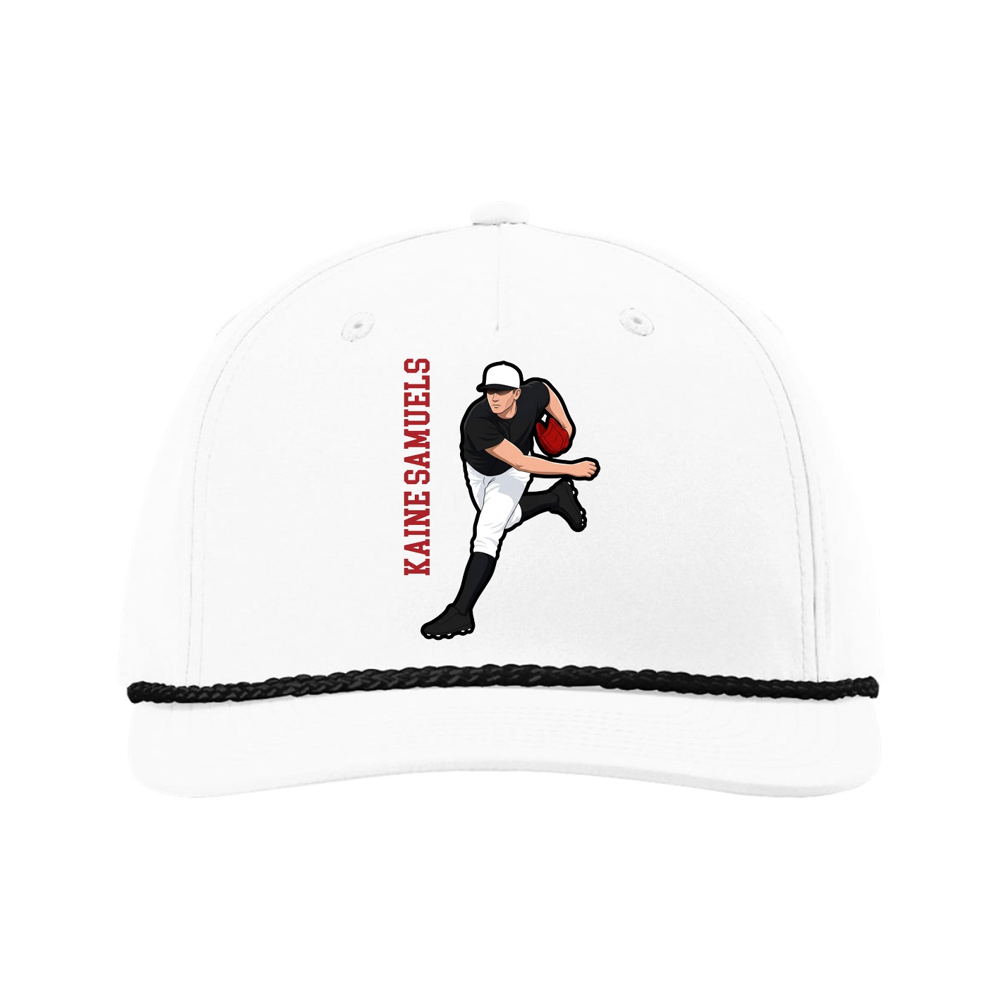 Five-Panel Classic Rope Cap — Name Vertical in White