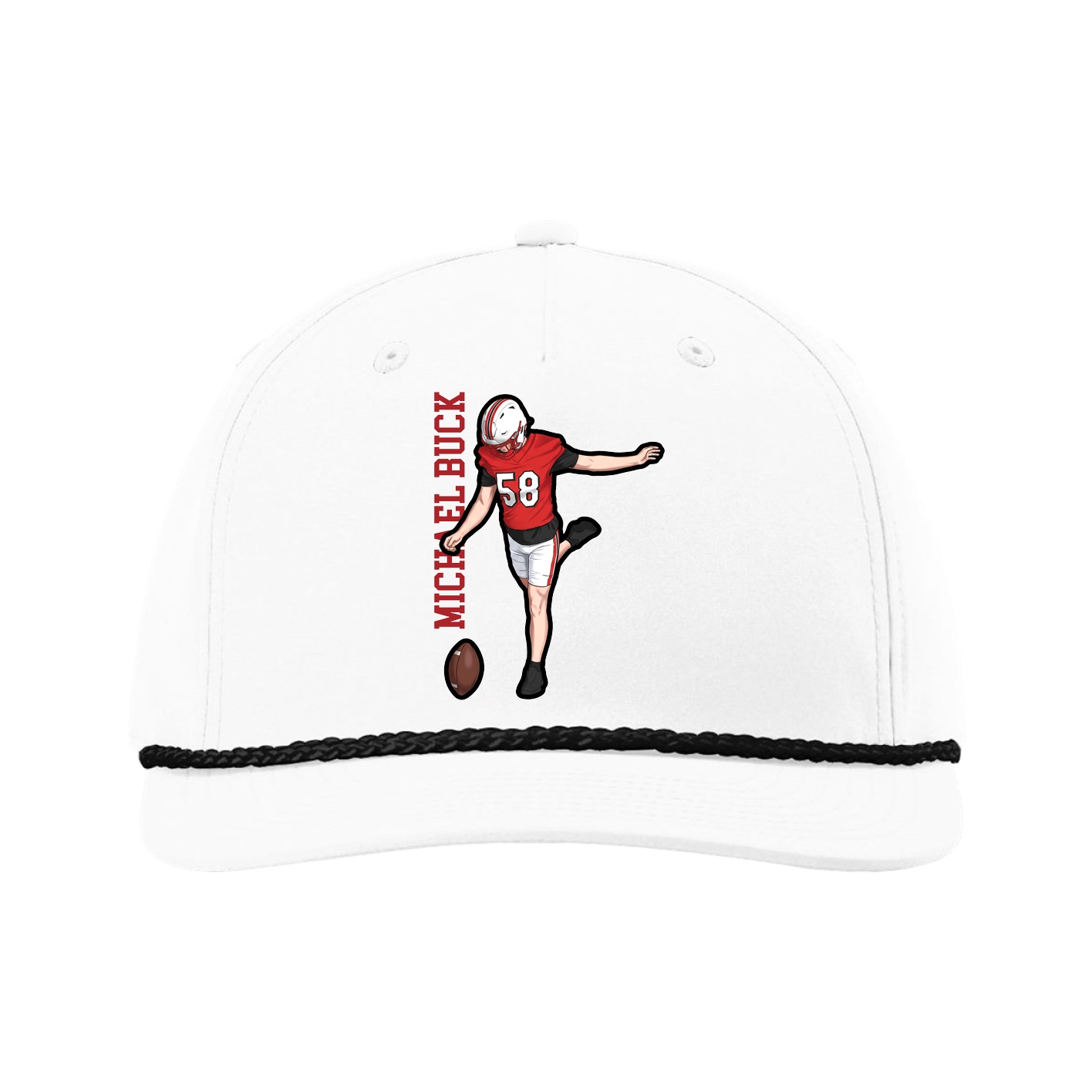 Five-Panel Classic Rope Cap — Name Vertical in White