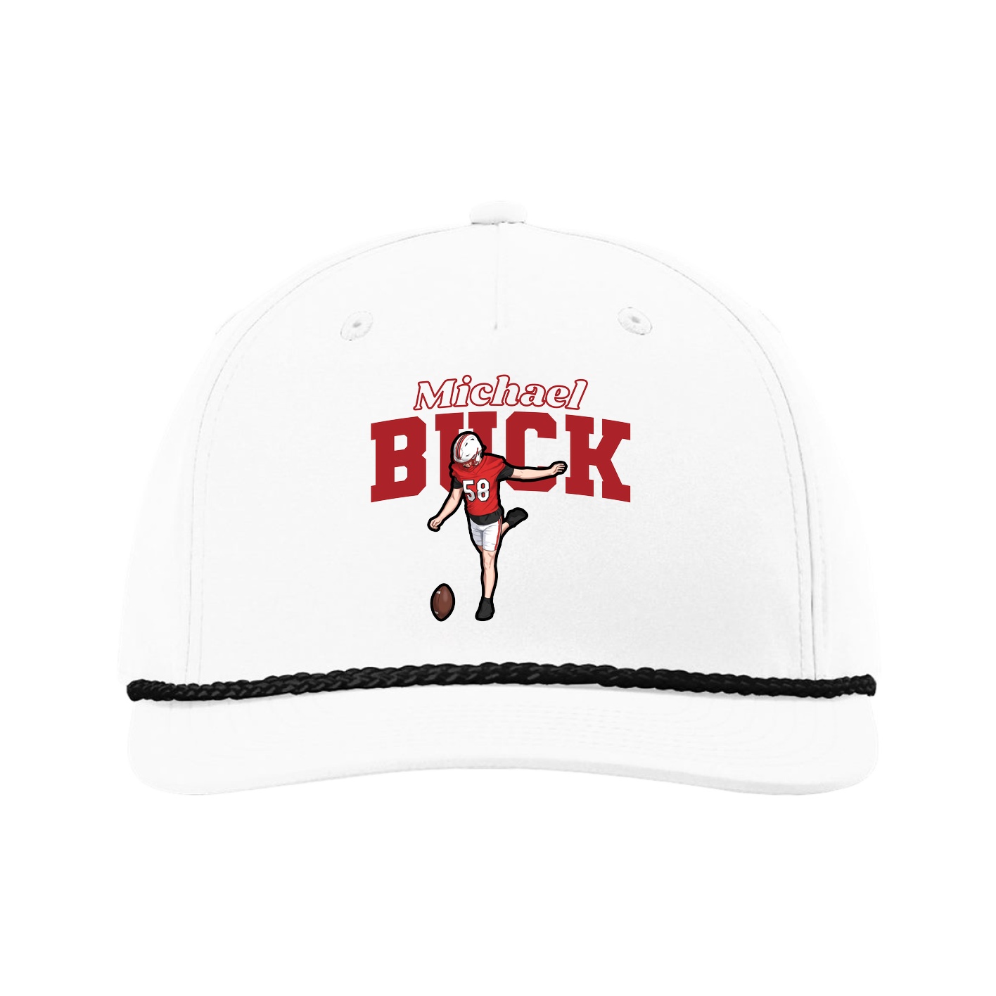 Five-Panel Classic Rope Cap — Name Arch in White