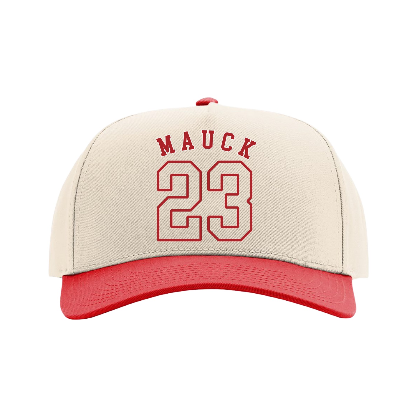 Full Fabric Five-Panel Champ Cap — Shirsey Arch in Cream/Red