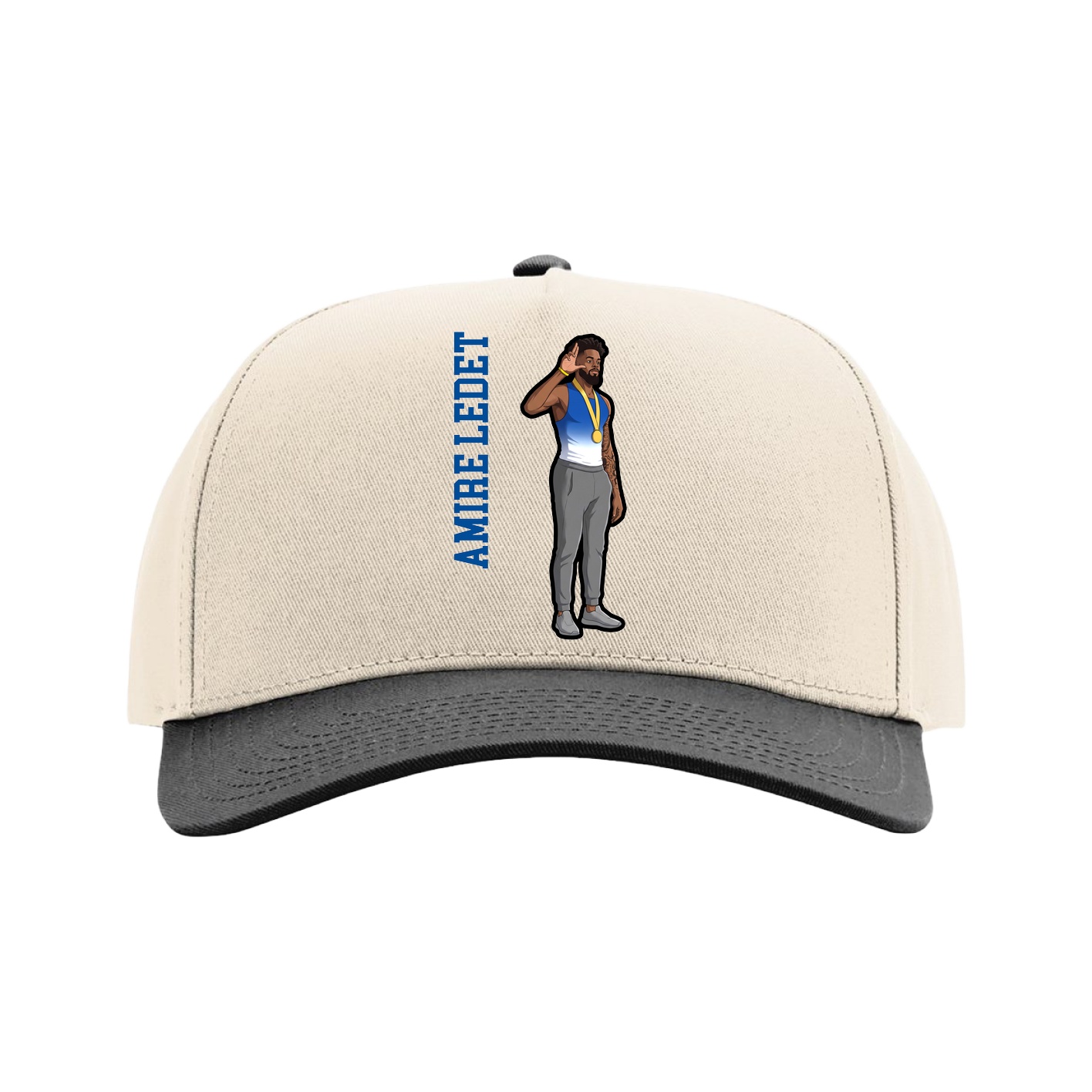 Full Fabric Five-Panel Champ Cap — Name Vertical in Cream/Black