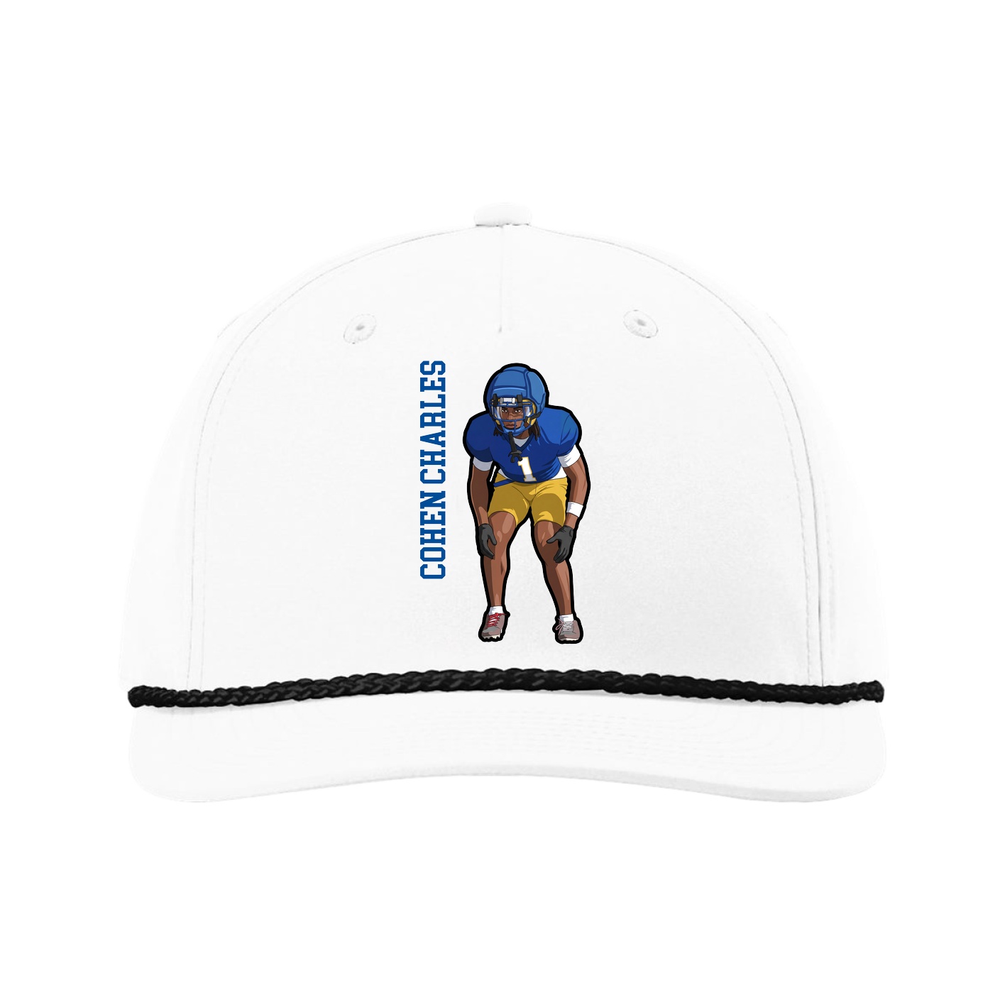 Five-Panel Classic Rope Cap — Name Vertical in White