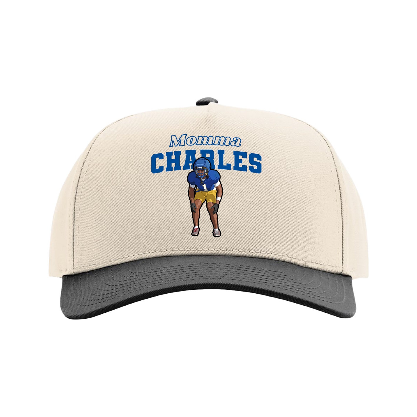 Full Fabric Five-Panel Champ Cap — Mothers Day Block in Cream/Black