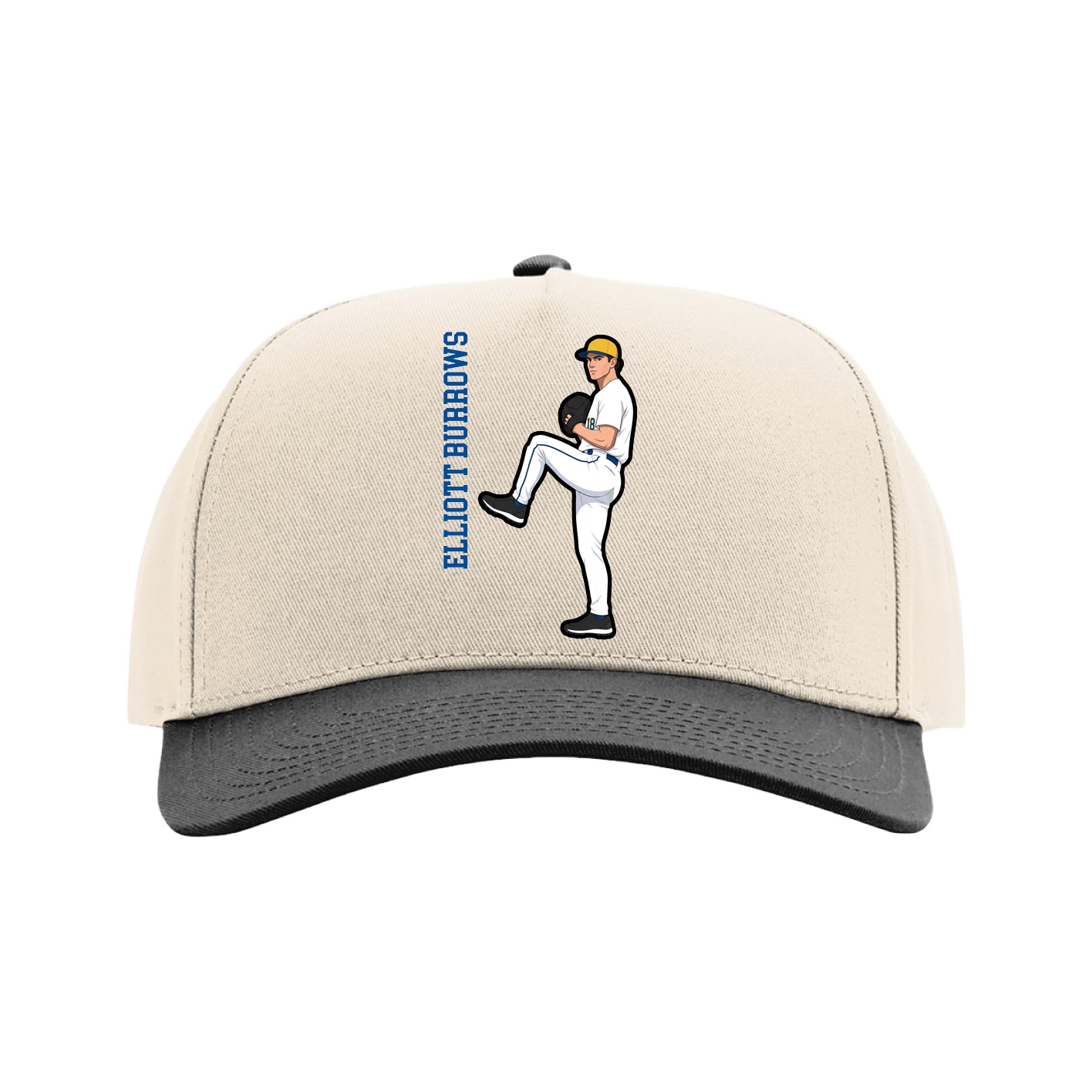 Full Fabric Five-Panel Champ Cap — Name Vertical in Cream/Black
