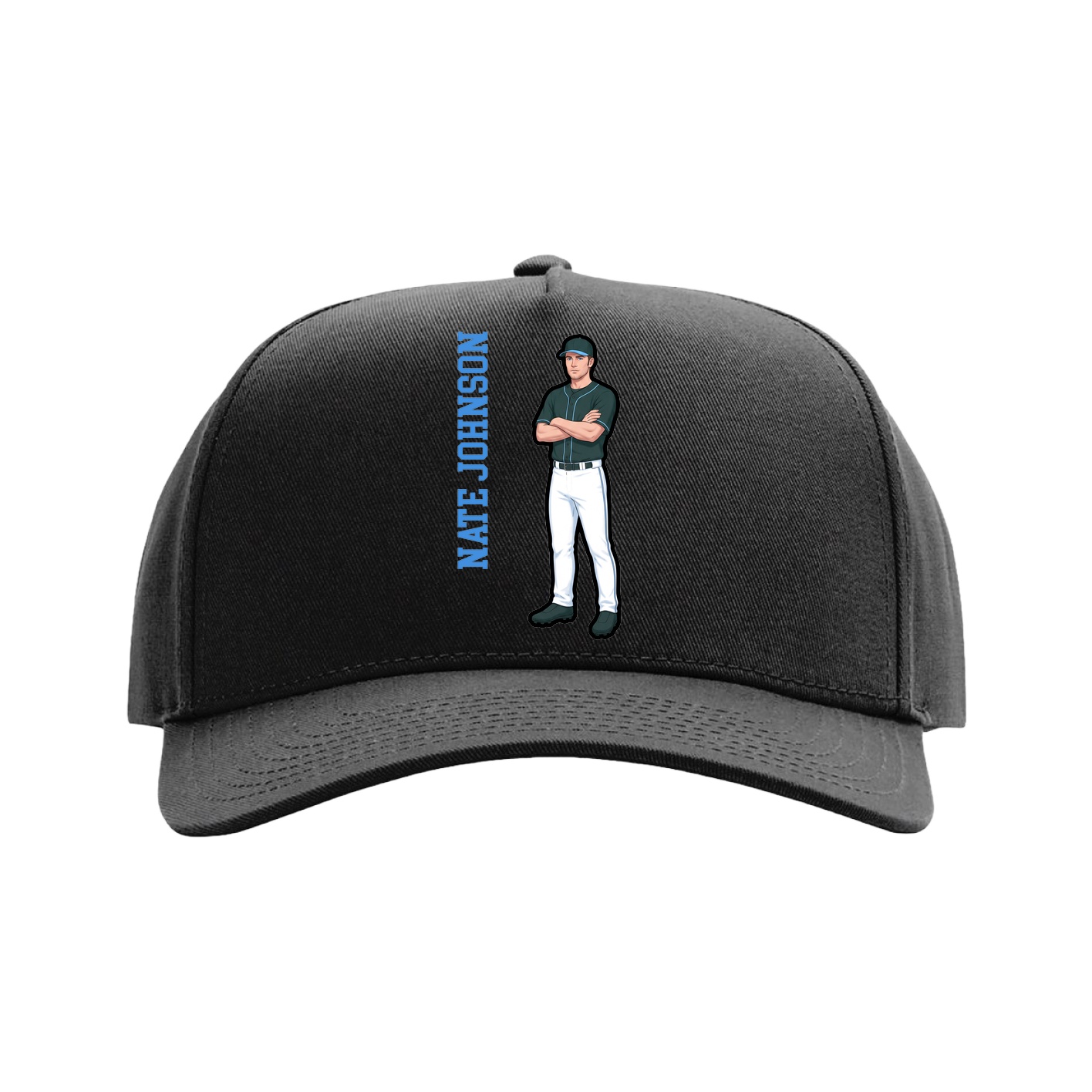 Full Fabric Five-Panel Champ Cap — Name Vertical in Black