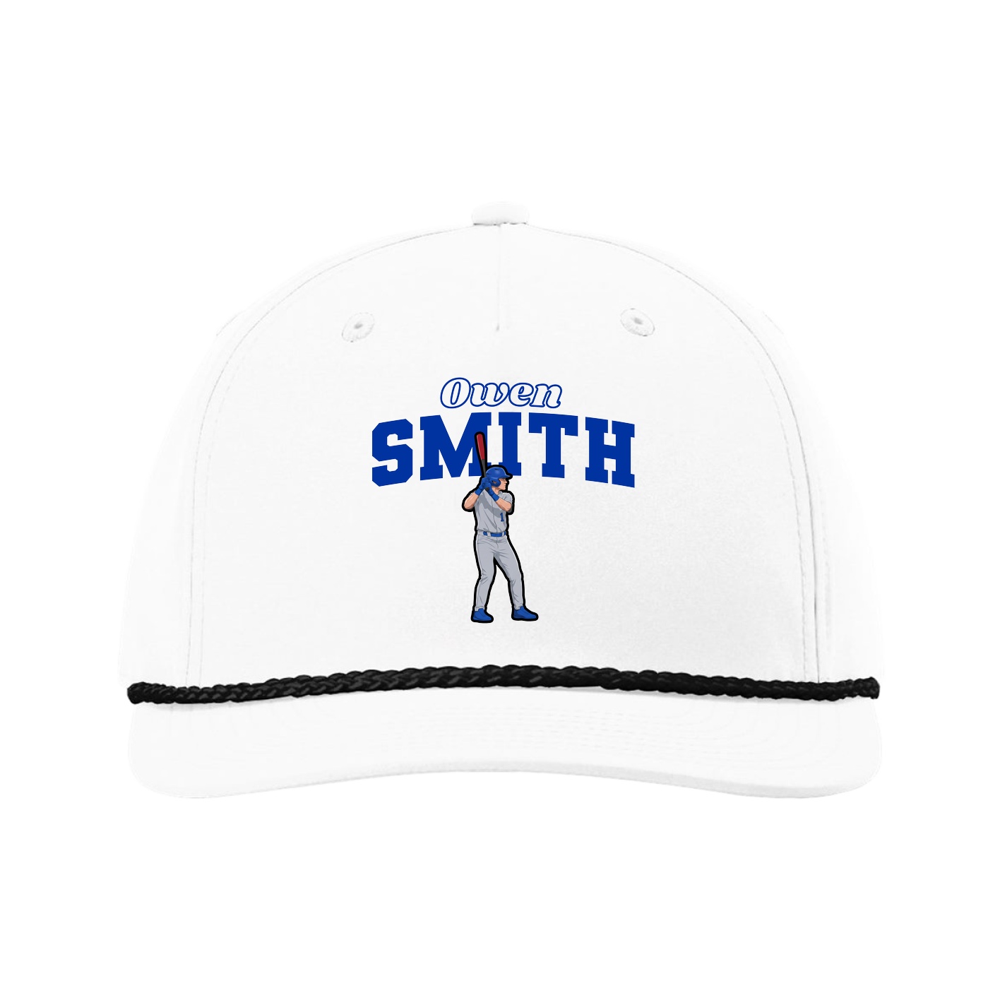 Five-Panel Classic Rope Cap — Name Arch in White