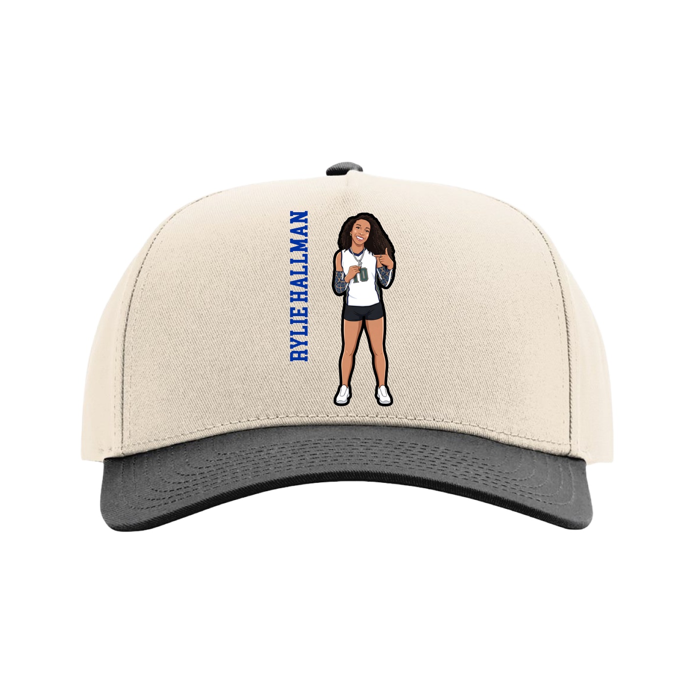 Full Fabric Five-Panel Champ Cap — Name Vertical in Cream/Black