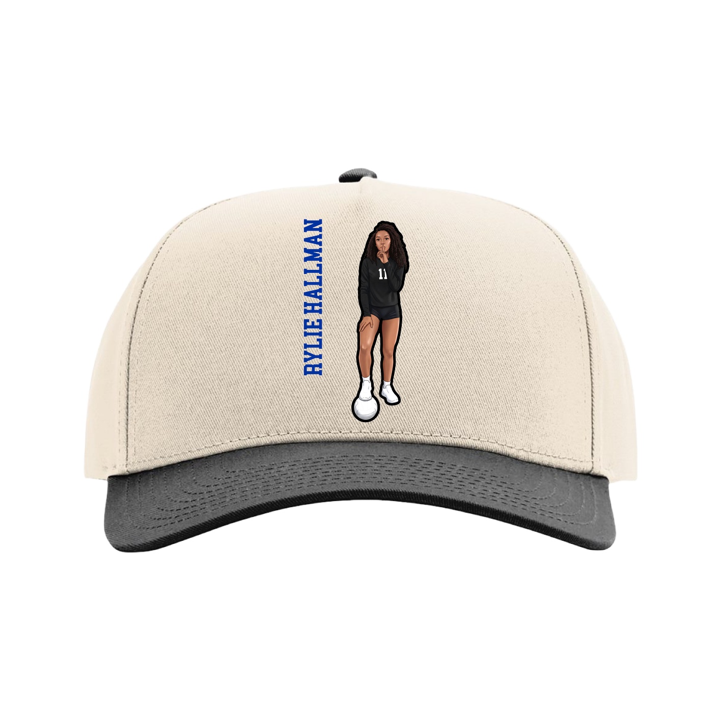 Full Fabric Five-Panel Champ Cap — Name Vertical in Cream/Black